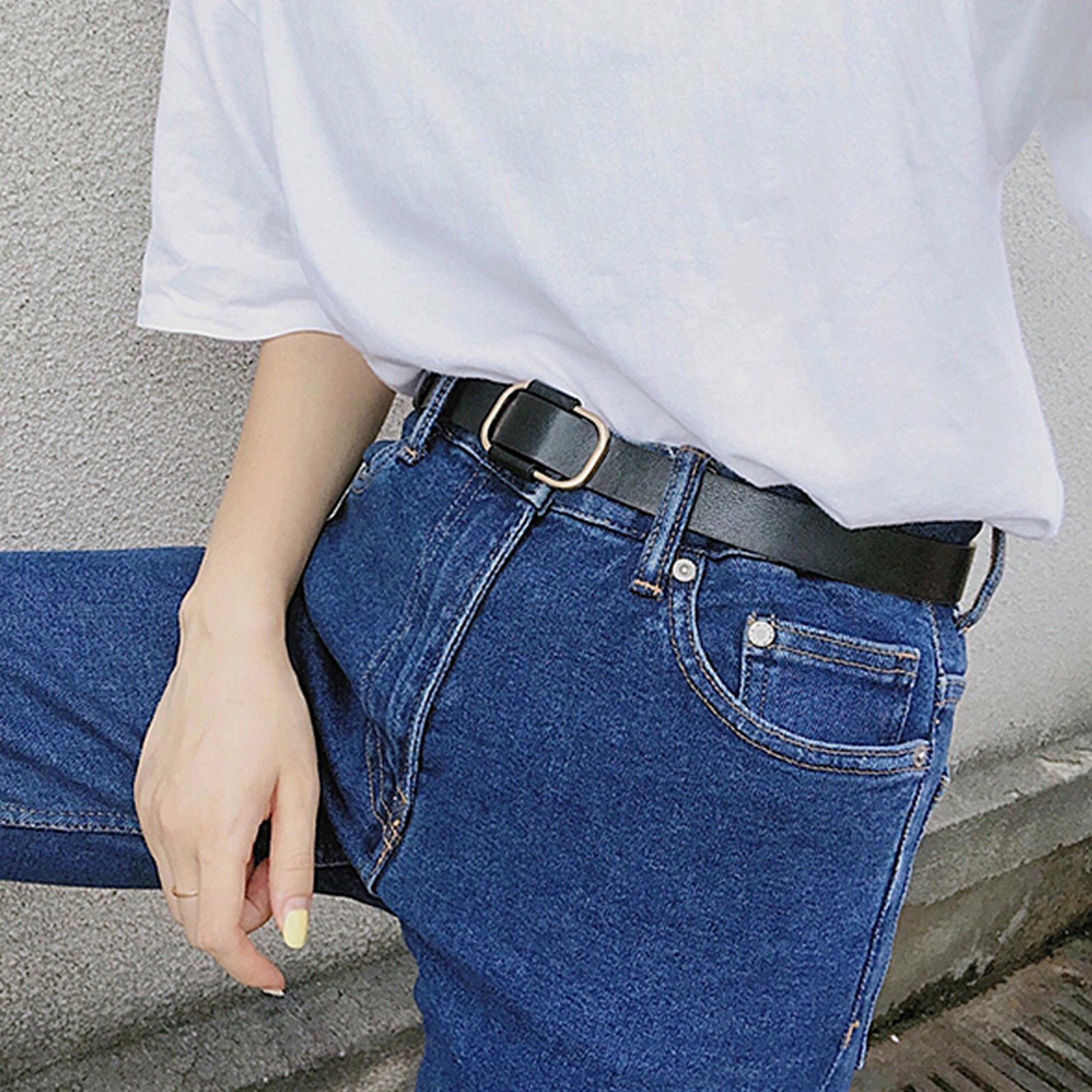 Women Leather Belts Jeans Belts with Alloy O-Ring Buckle No Pin Black