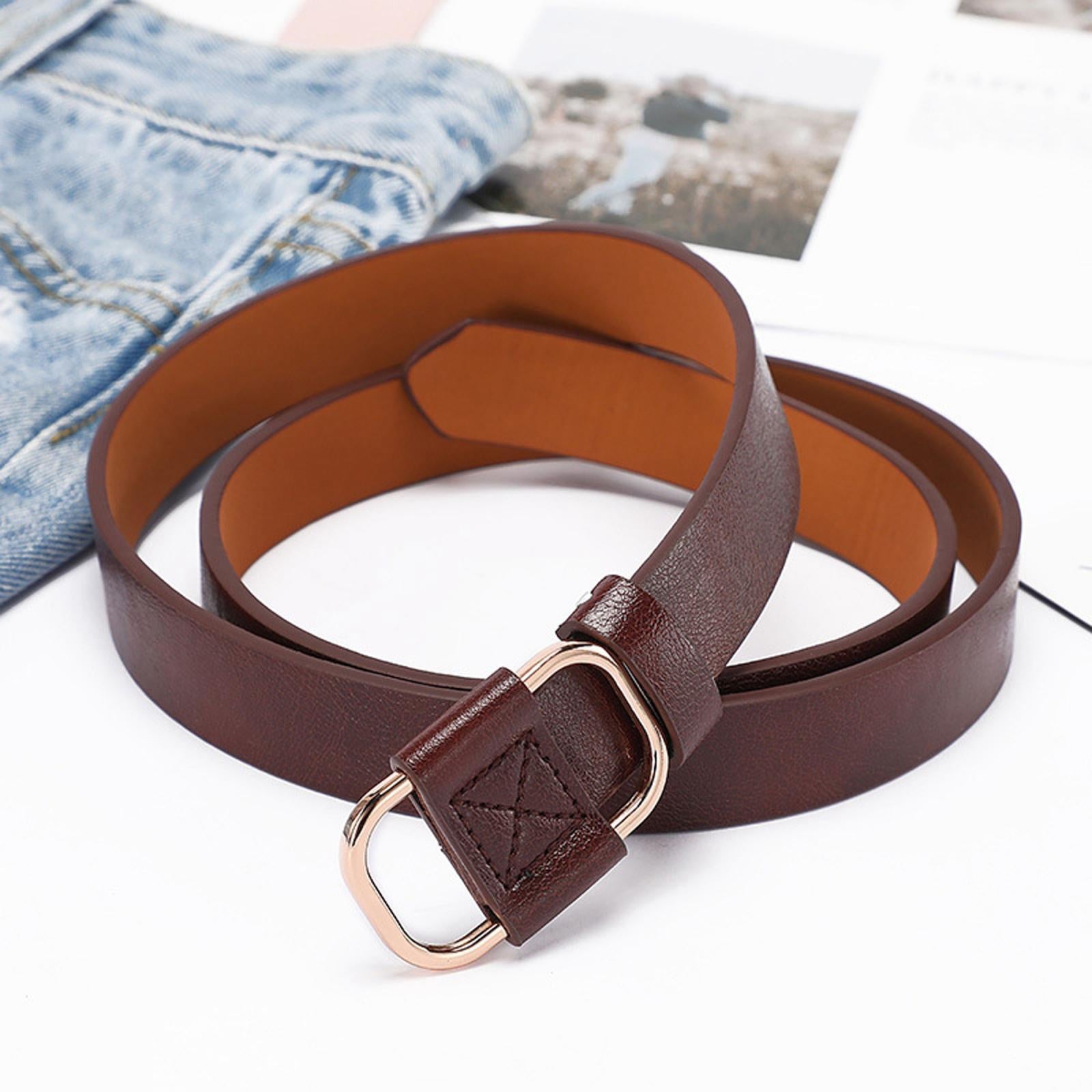 Women Leather Belts Jeans Belts with Alloy O-Ring Buckle No Pin Dark Brown
