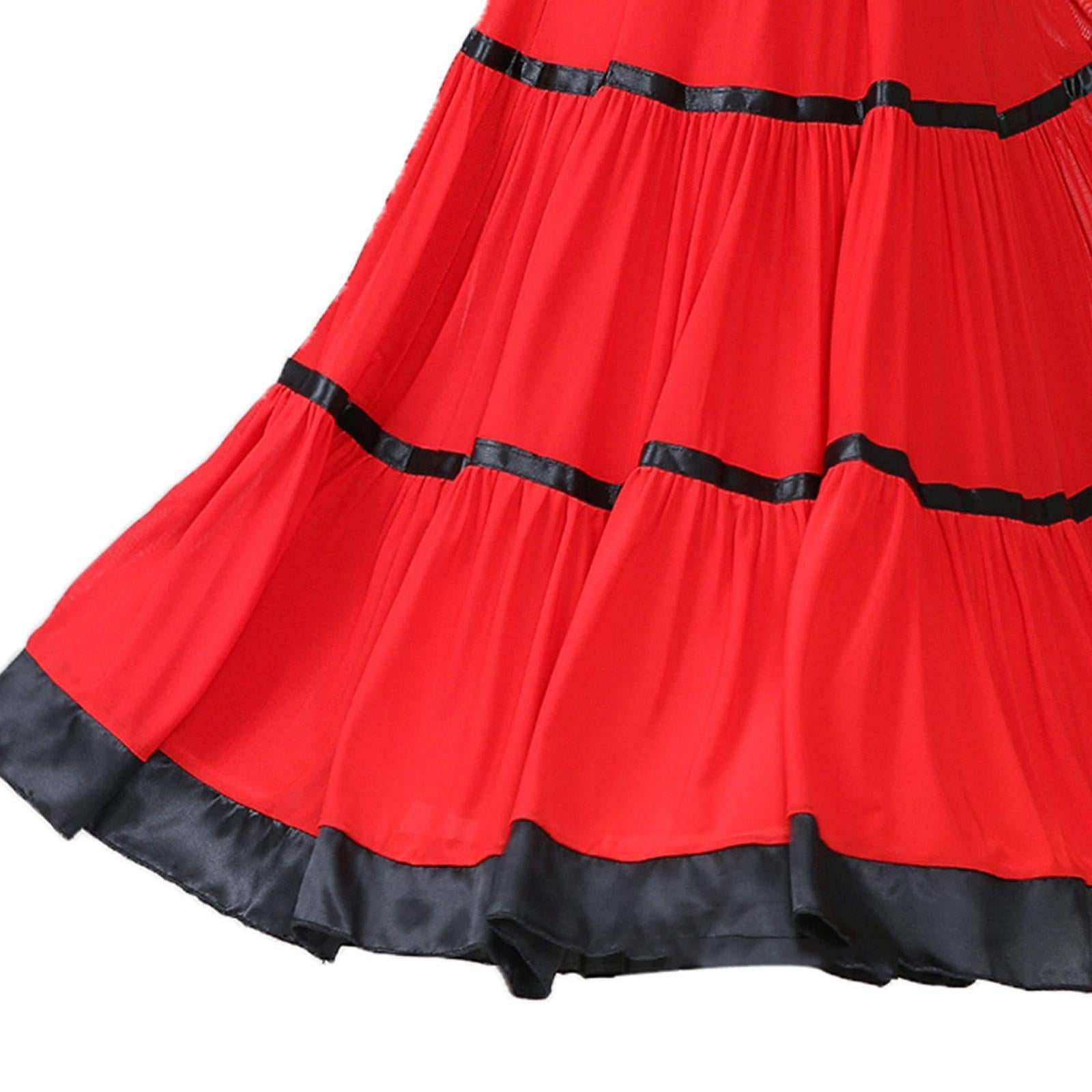 Flamenco Ballroom Skirt Waltz Swing Dress Modern Dance Costume Red