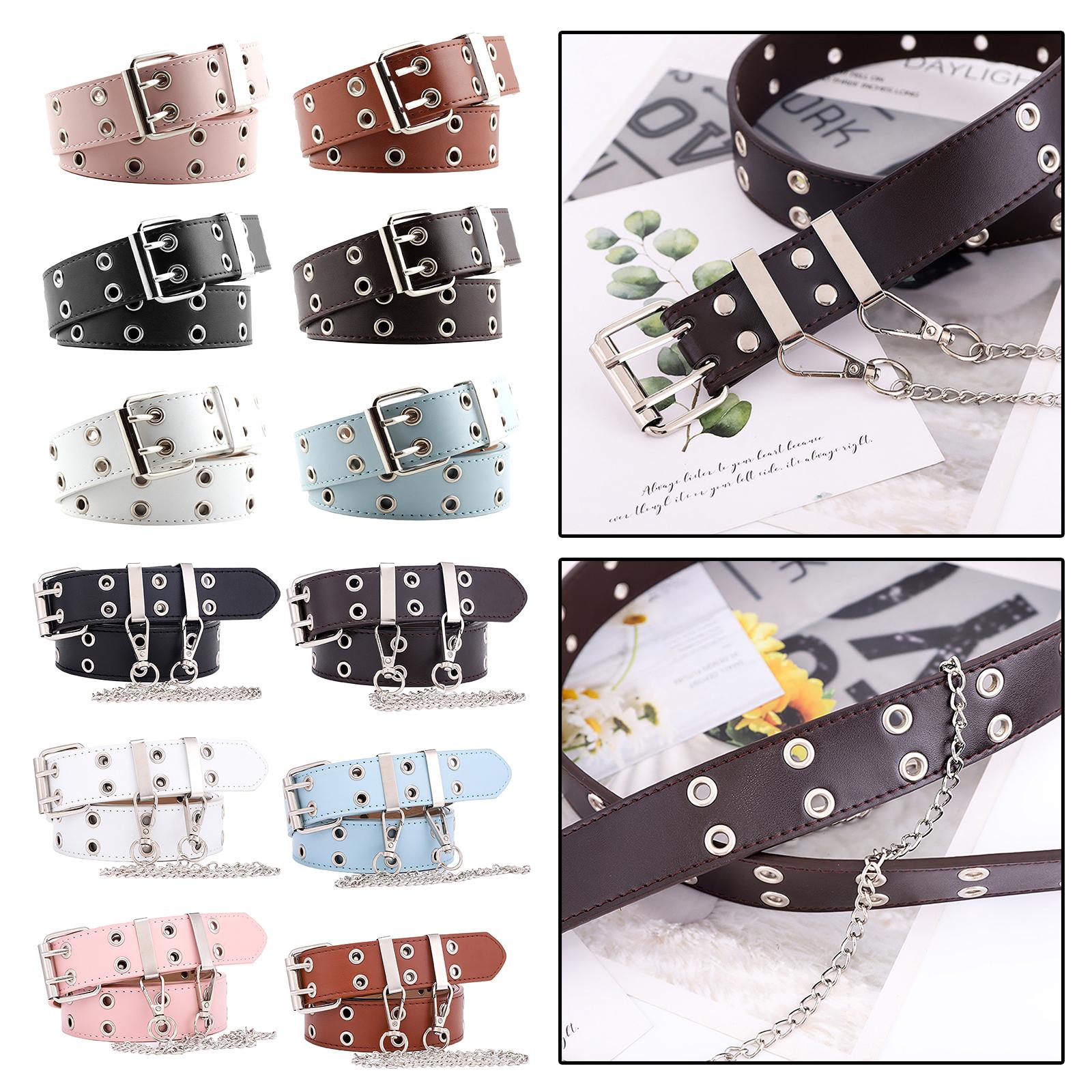Women Punk Belt Double Grommet Leather Jeans Waist Strap Black with Chain