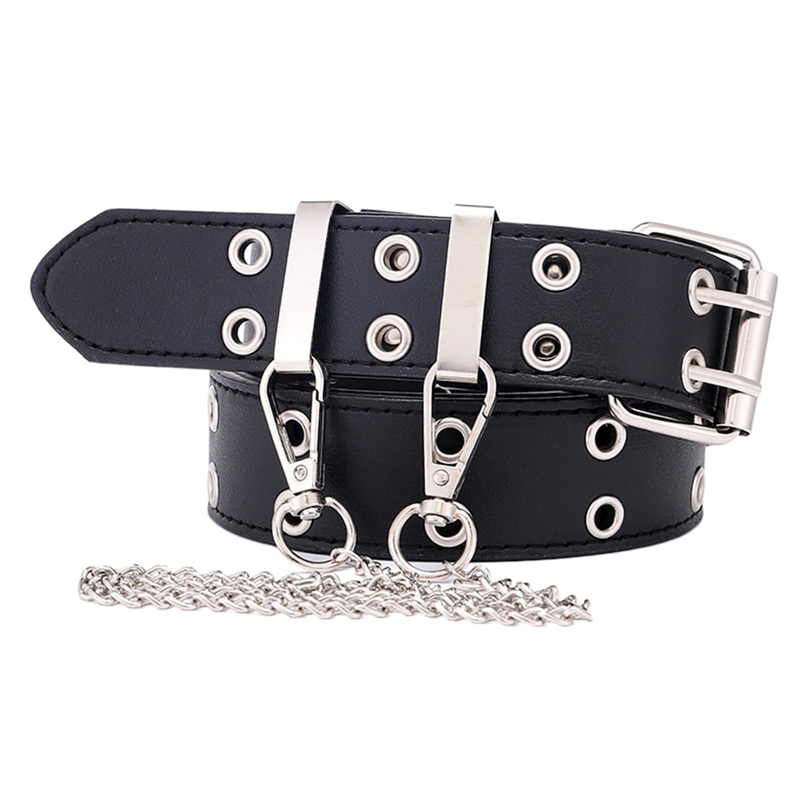 Women Punk Belt Double Grommet Leather Jeans Waist Strap Black with Chain