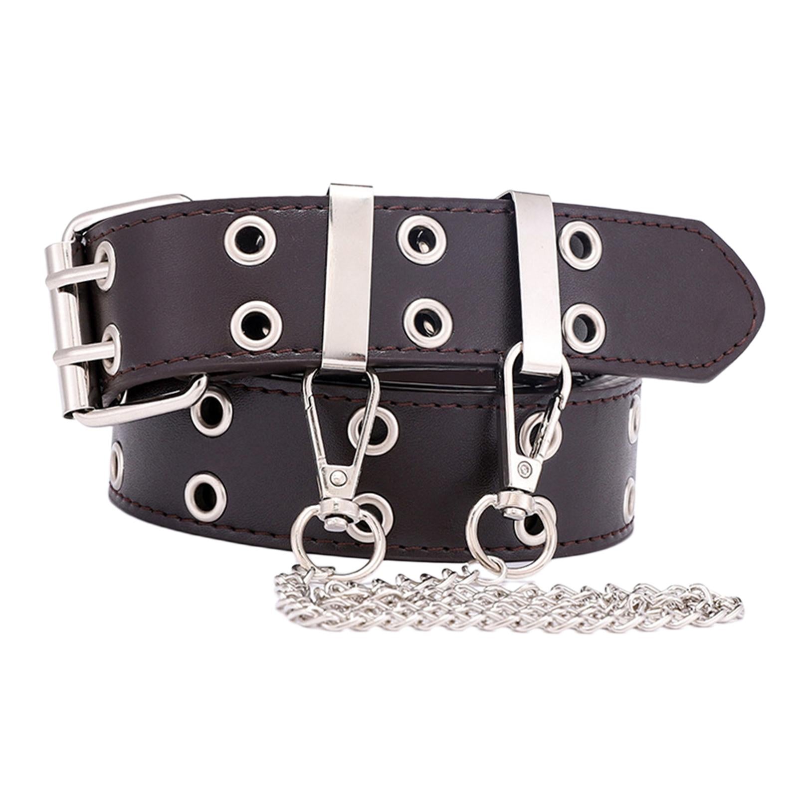 Women Punk Belt Double Grommet Leather Jeans Waist Strap Coffee with Chain