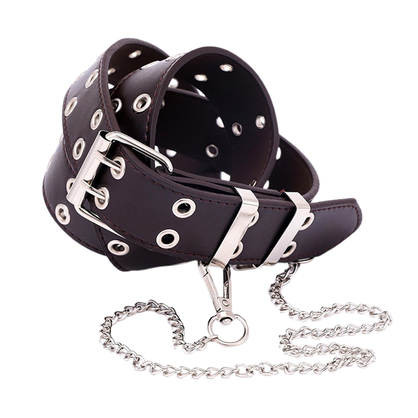 Women Punk Belt Double Grommet Leather Jeans Waist Strap Coffee with Chain
