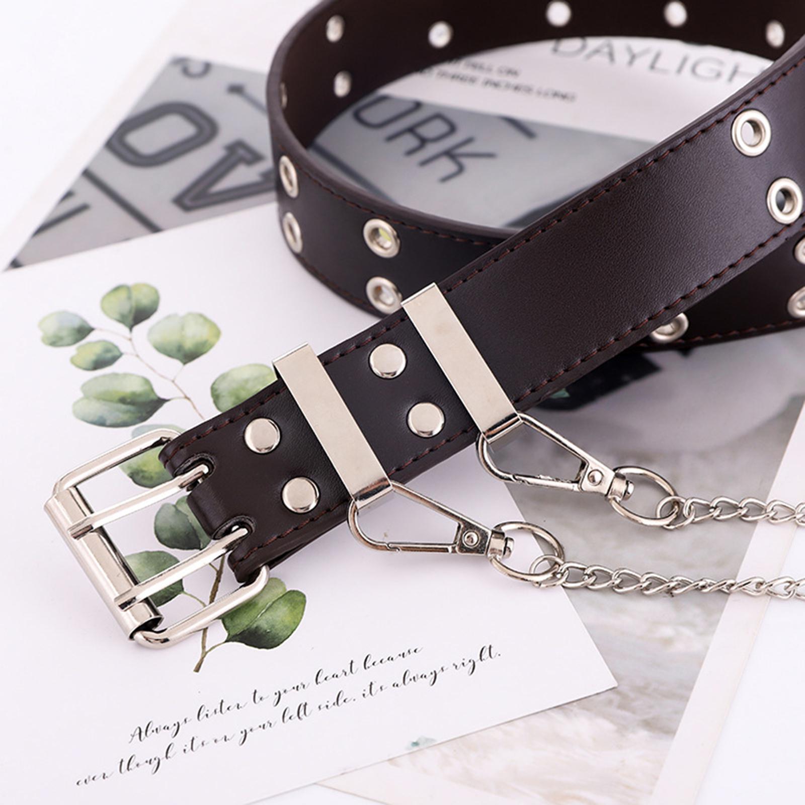 Women Punk Belt Double Grommet Leather Jeans Waist Strap Coffee with Chain