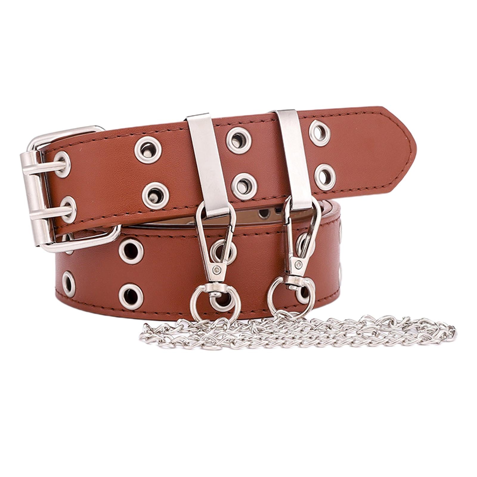 Women Punk Belt Double Grommet Leather Jeans Waist Strap Brown with Chain