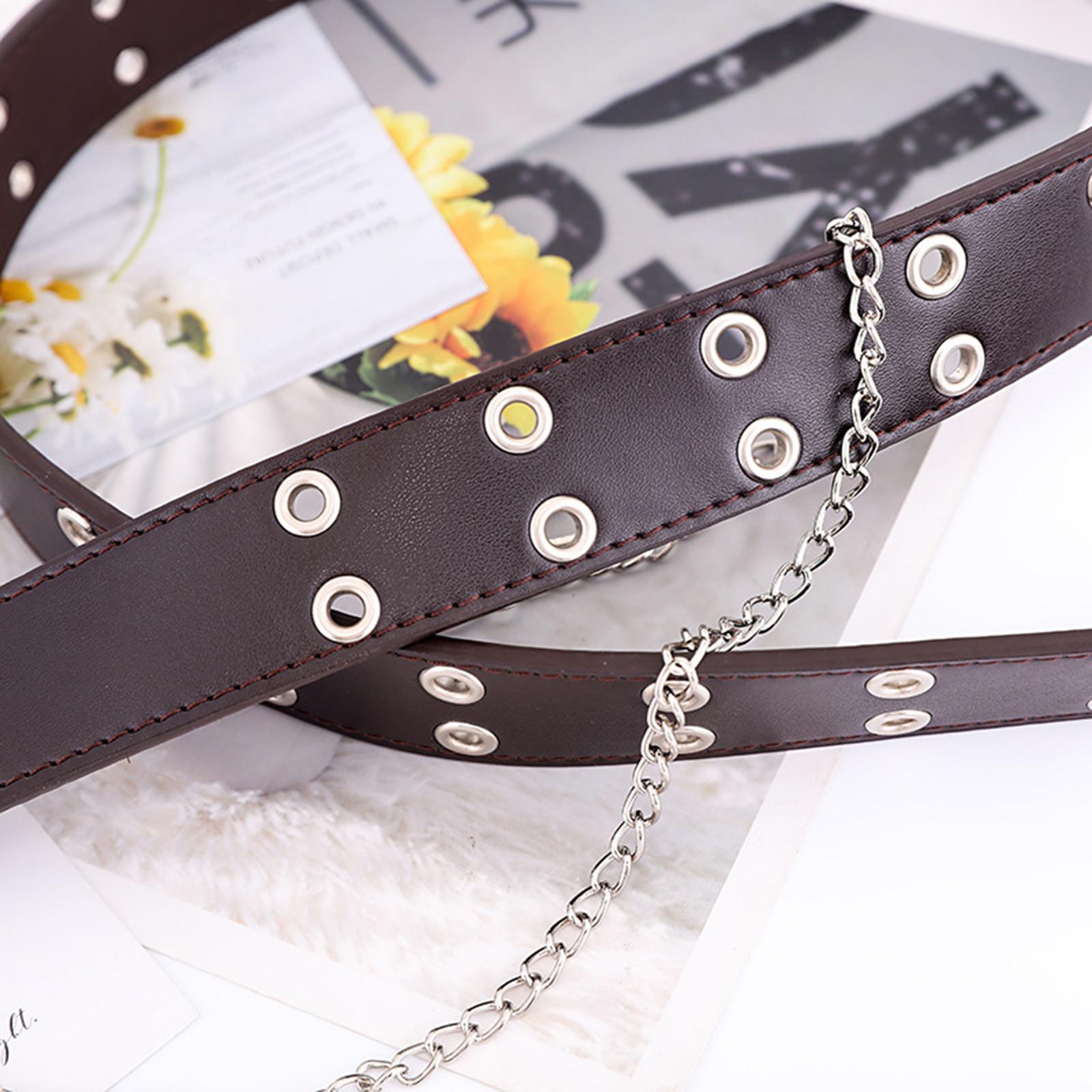 Women Punk Belt Double Grommet Leather Jeans Waist Strap Brown with Chain