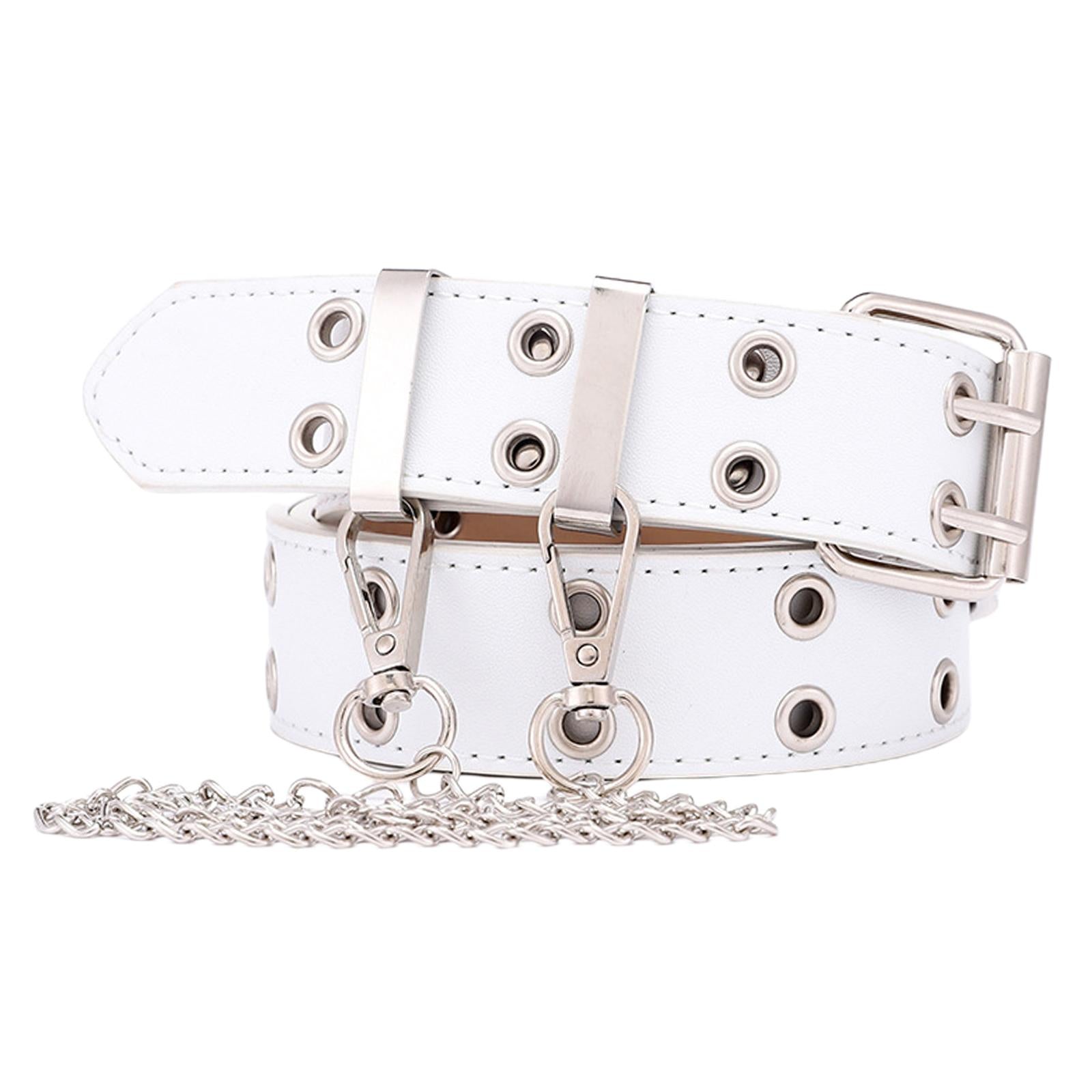 Women Punk Belt Double Grommet Leather Jeans Waist Strap White with Chain