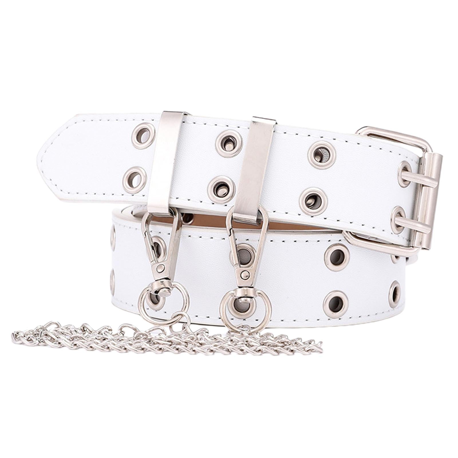 Women Punk Belt Double Grommet Leather Jeans Waist Strap White with Chain