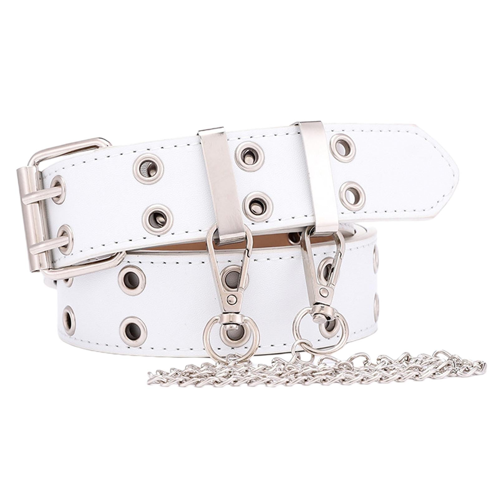 Women Punk Belt Double Grommet Leather Jeans Waist Strap White with Chain