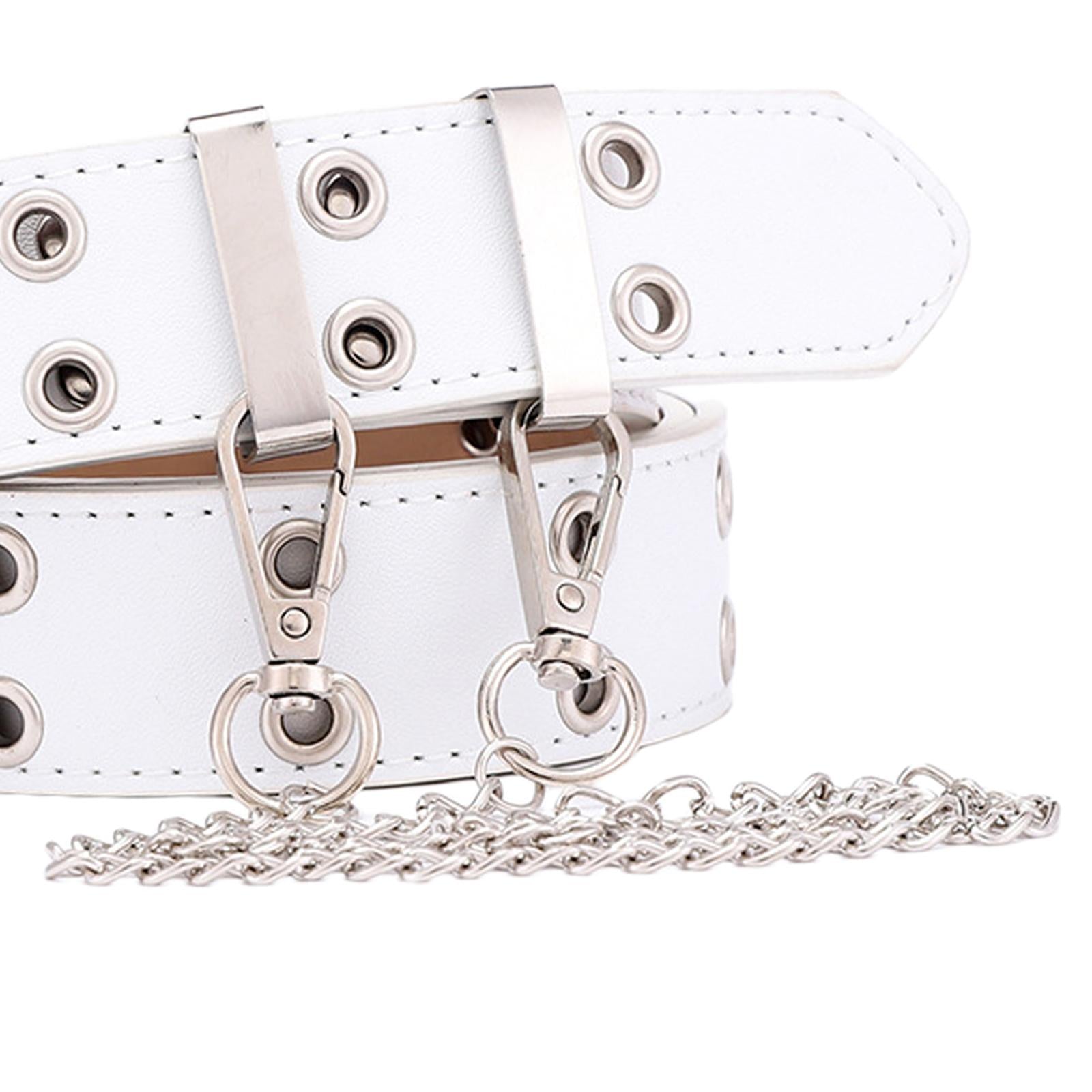Women Punk Belt Double Grommet Leather Jeans Waist Strap White with Chain
