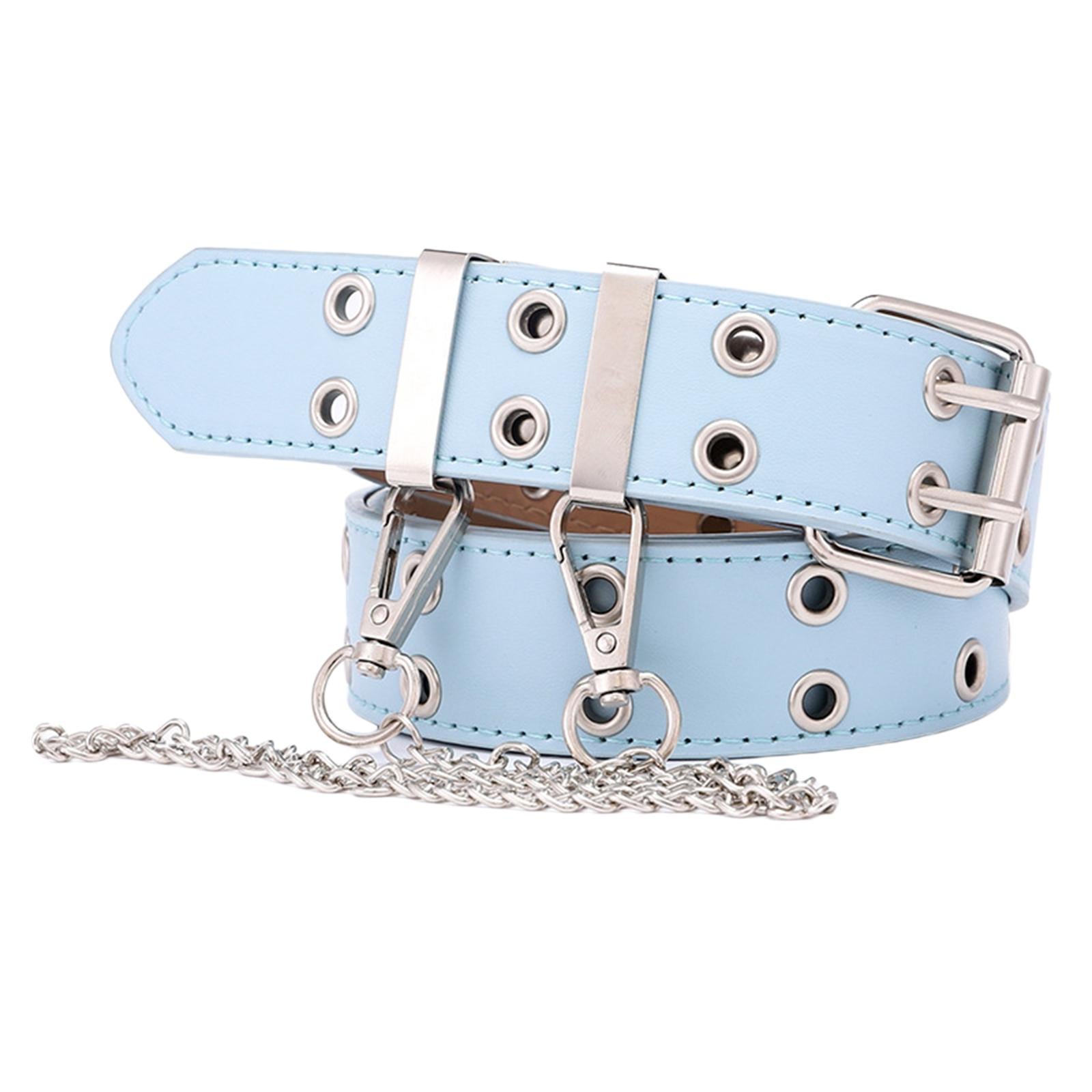 Women Punk Belt Double Grommet Leather Jeans Waist Strap Blue with Chain