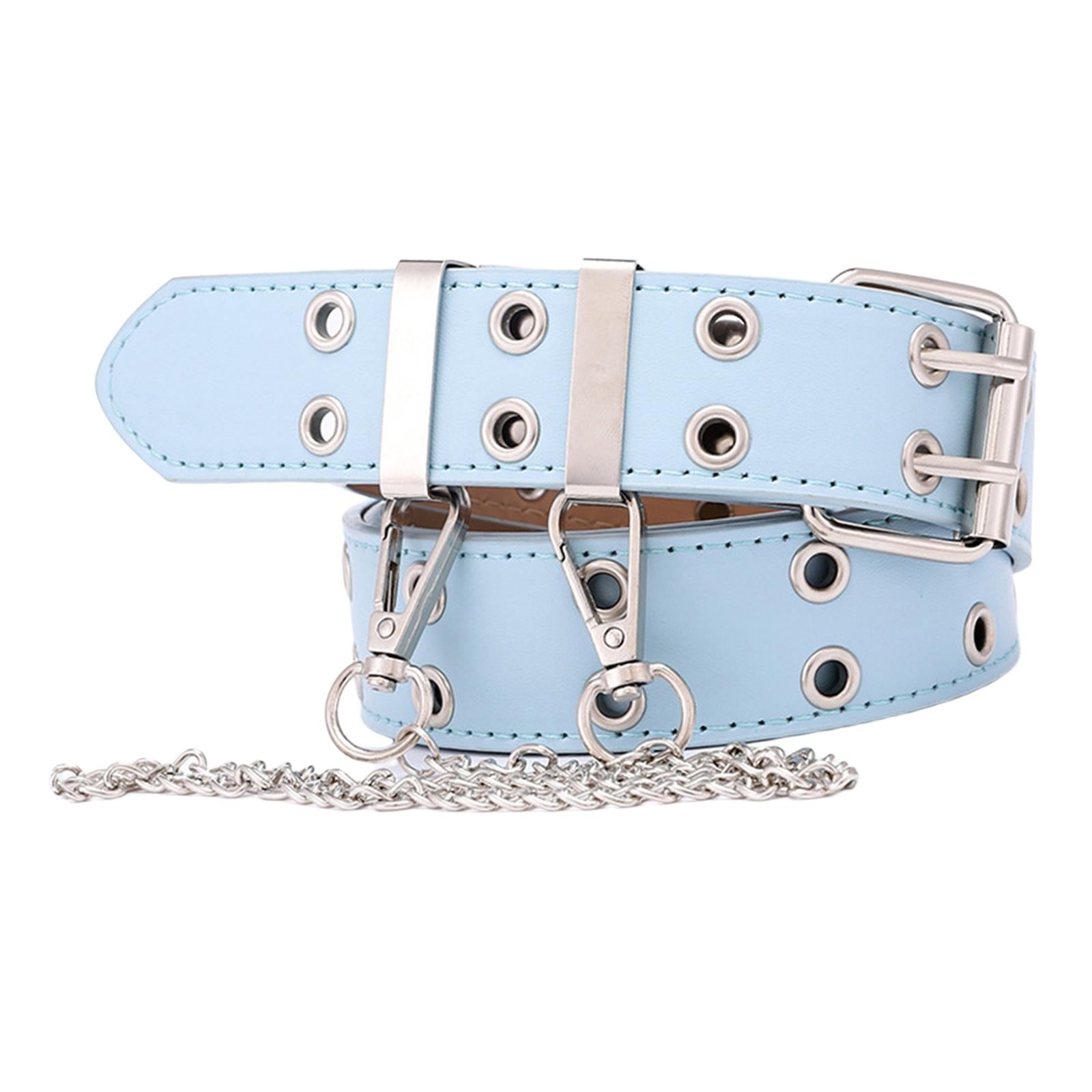 Women Punk Belt Double Grommet Leather Jeans Waist Strap Blue with Chain