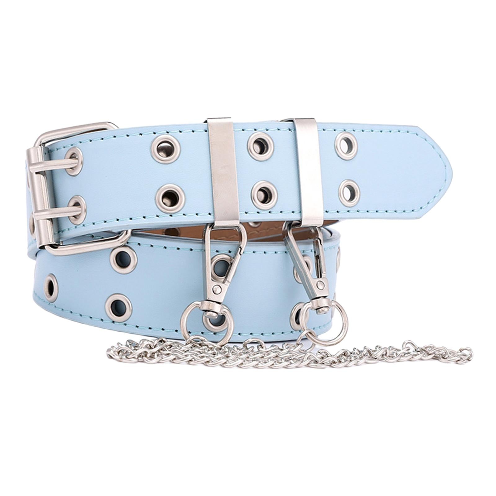 Women Punk Belt Double Grommet Leather Jeans Waist Strap Blue with Chain