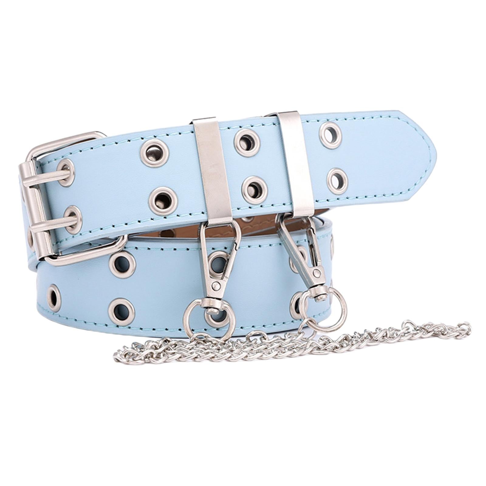 Women Punk Belt Double Grommet Leather Jeans Waist Strap Blue with Chain