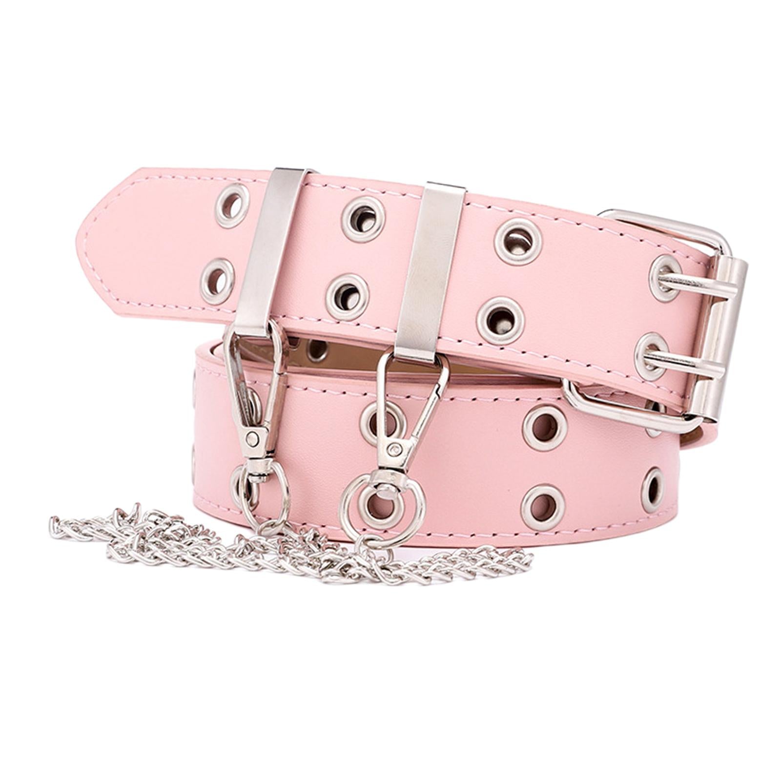 Women Punk Belt Double Grommet Leather Jeans Waist Strap Pink with Chain