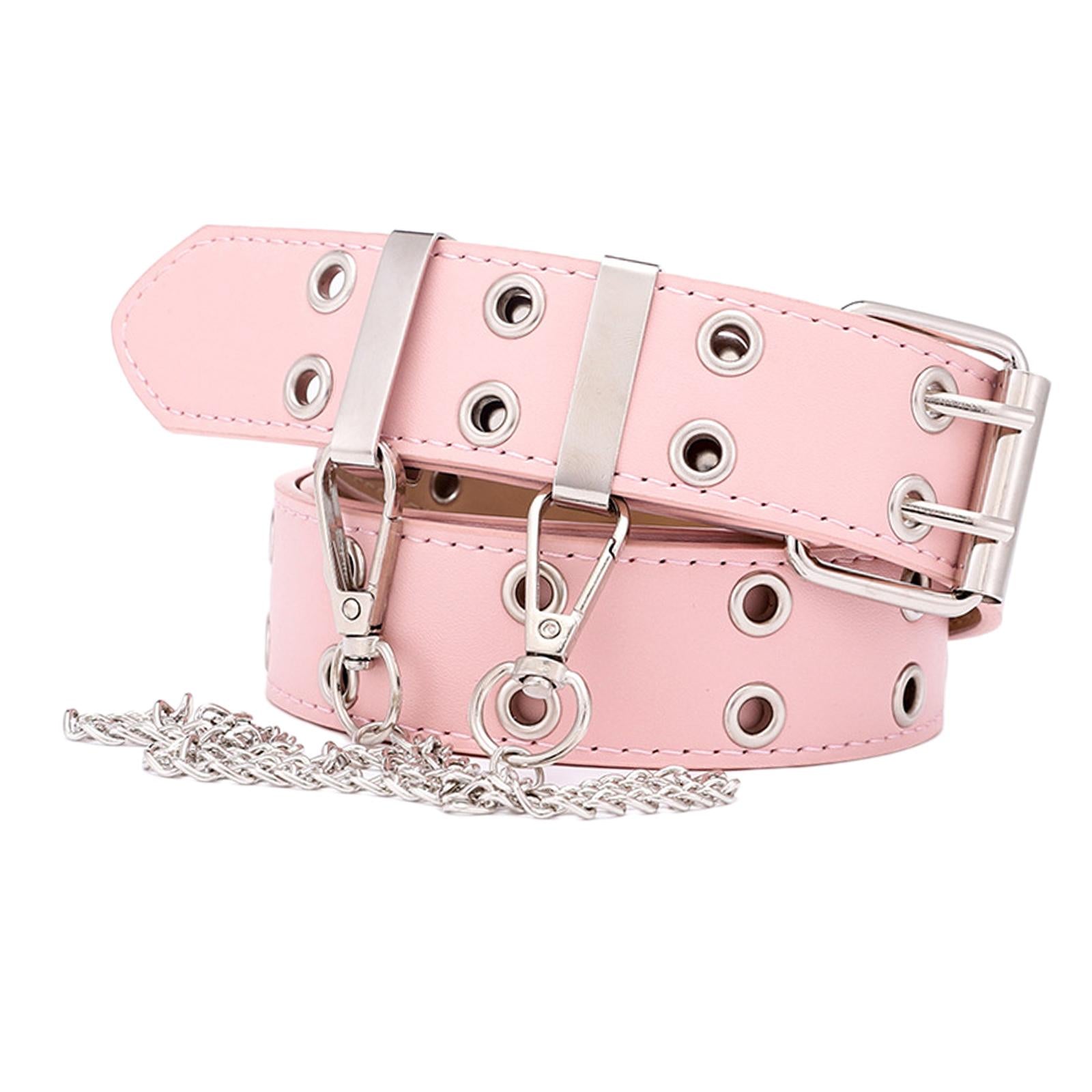 Women Punk Belt Double Grommet Leather Jeans Waist Strap Pink with Chain