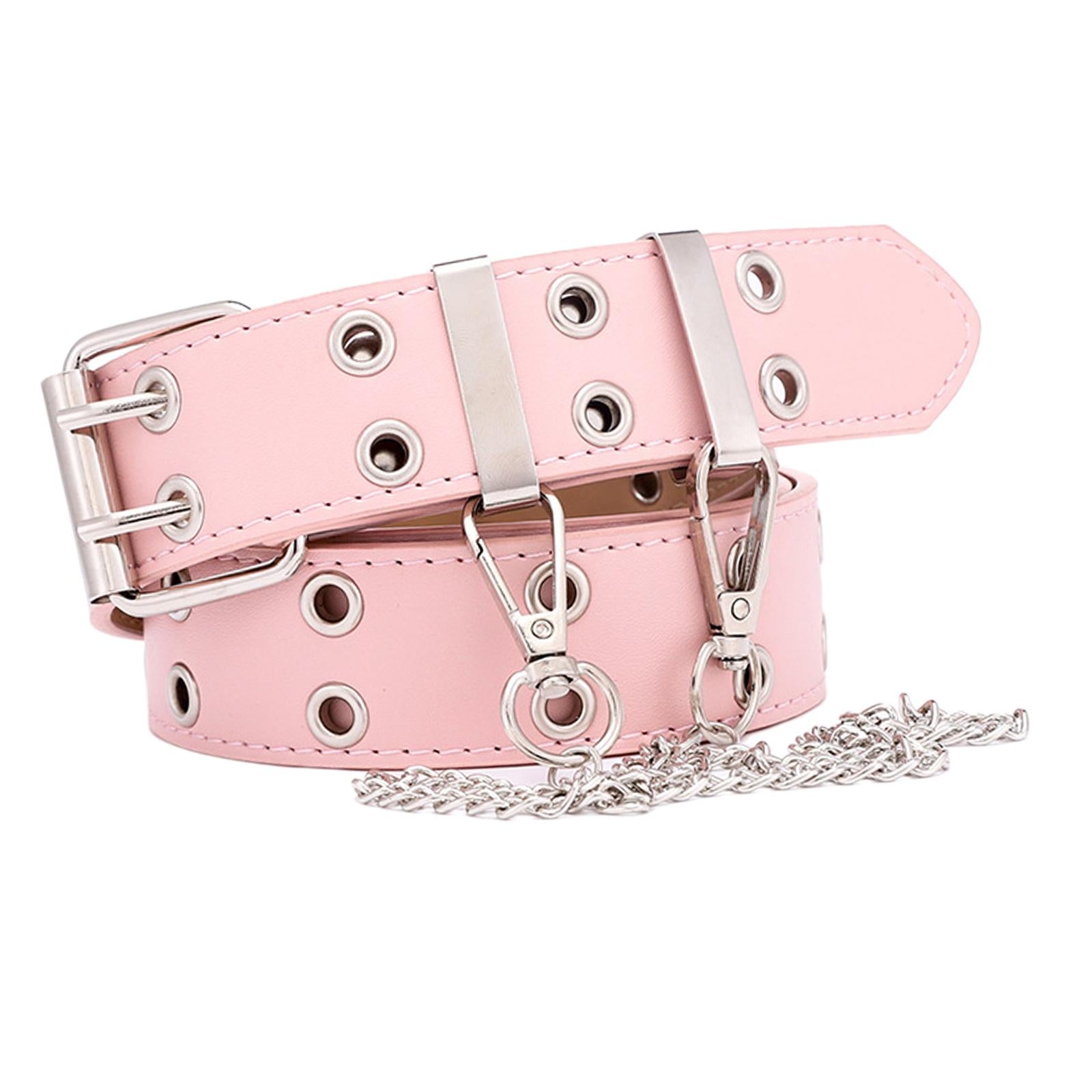 Women Punk Belt Double Grommet Leather Jeans Waist Strap Pink with Chain