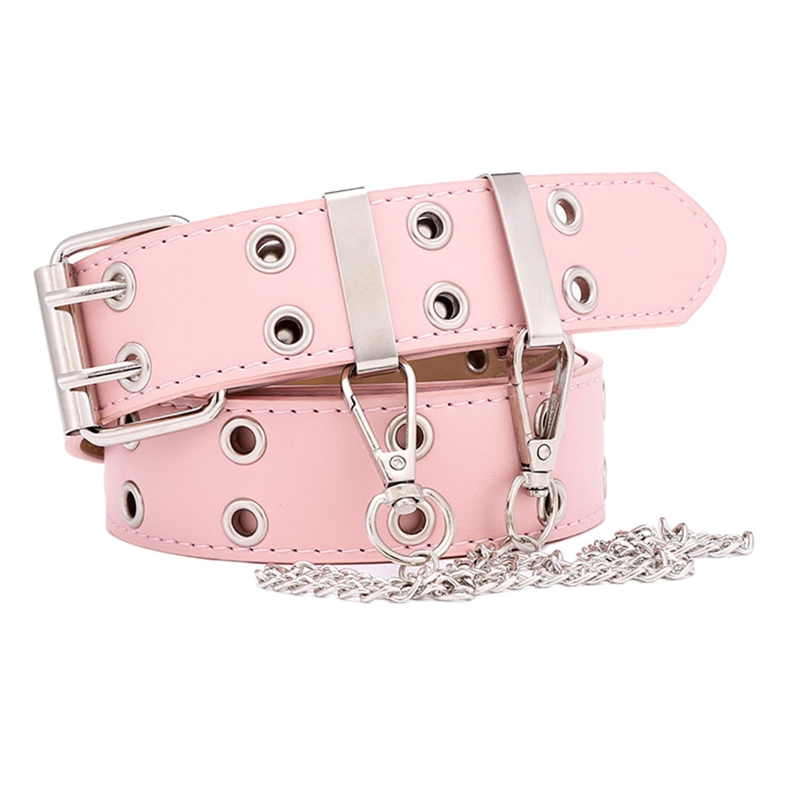 Women Punk Belt Double Grommet Leather Jeans Waist Strap Pink with Chain