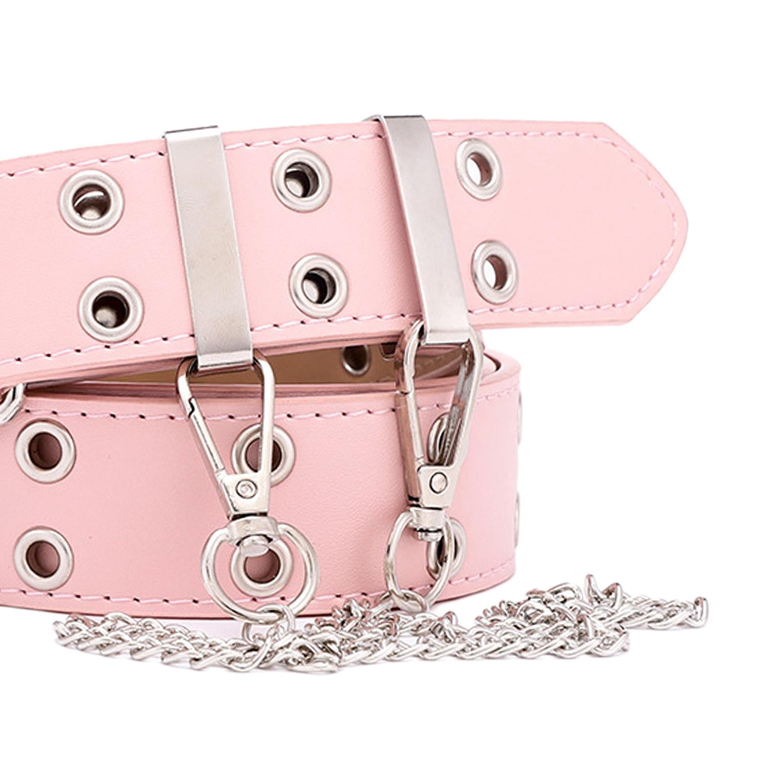 Women Punk Belt Double Grommet Leather Jeans Waist Strap Pink with Chain