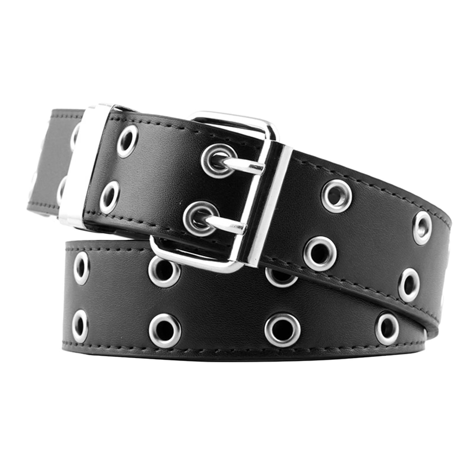 Women Punk Belt Double Grommet Leather Jeans Waist Strap Black