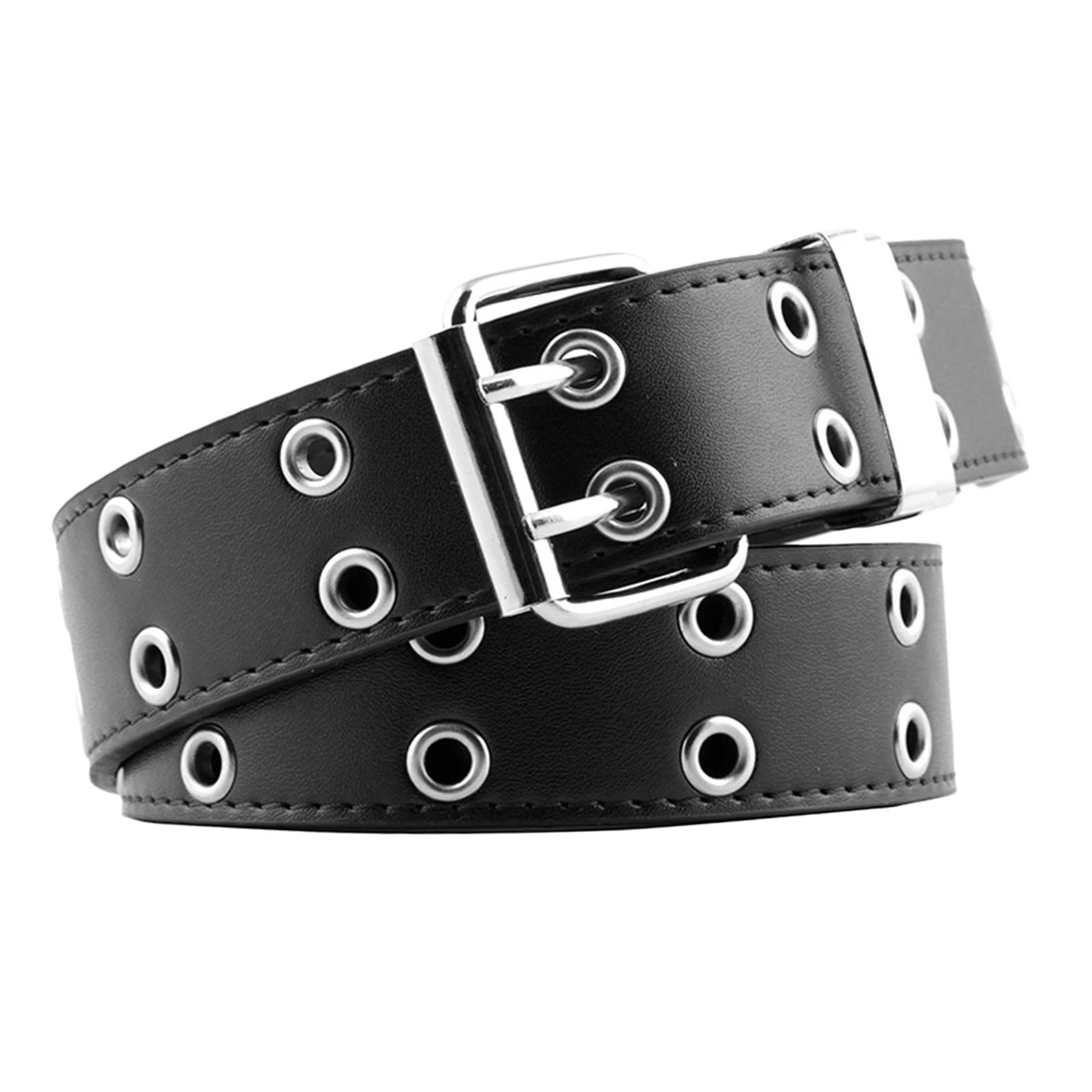 Women Punk Belt Double Grommet Leather Jeans Waist Strap Black