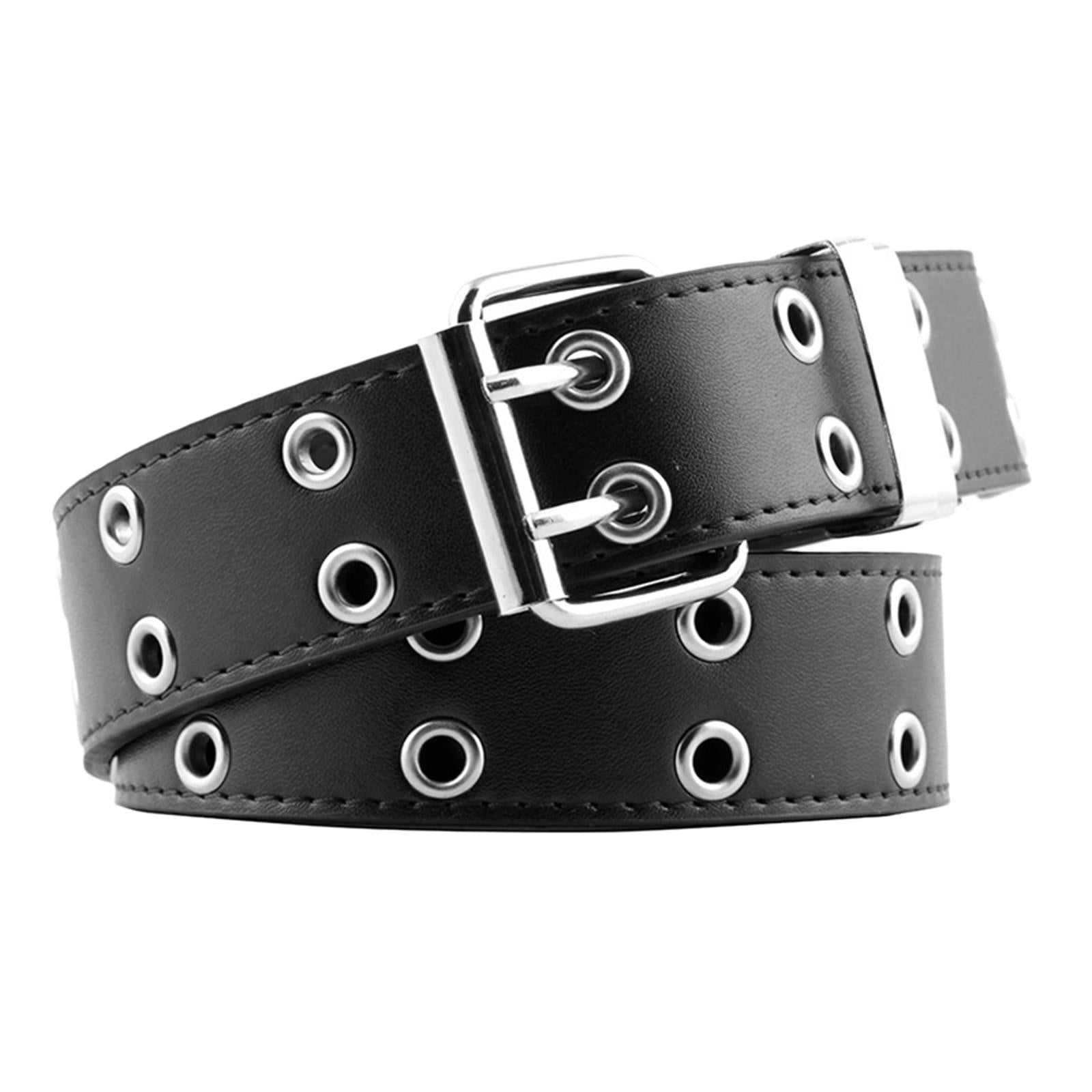 Women Punk Belt Double Grommet Leather Jeans Waist Strap Black