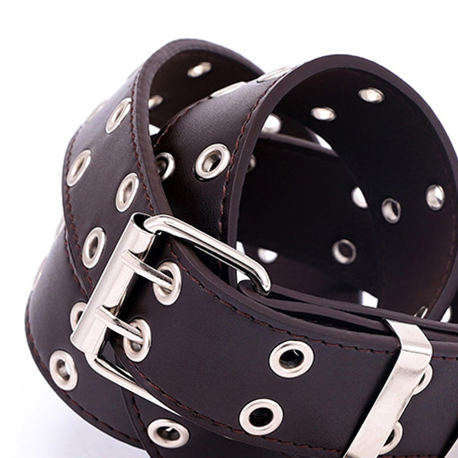 Women Punk Belt Double Grommet Leather Jeans Waist Strap Black