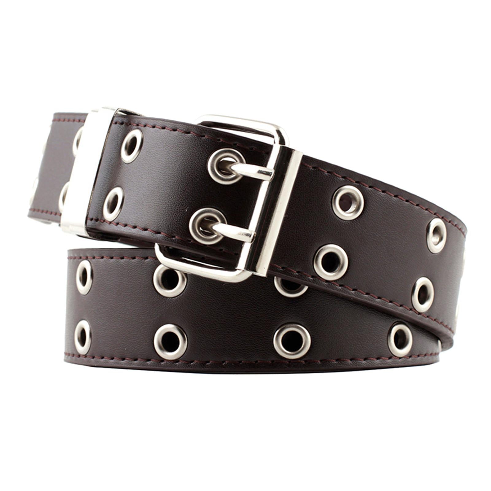 Women Punk Belt Double Grommet Leather Jeans Waist Strap Coffee