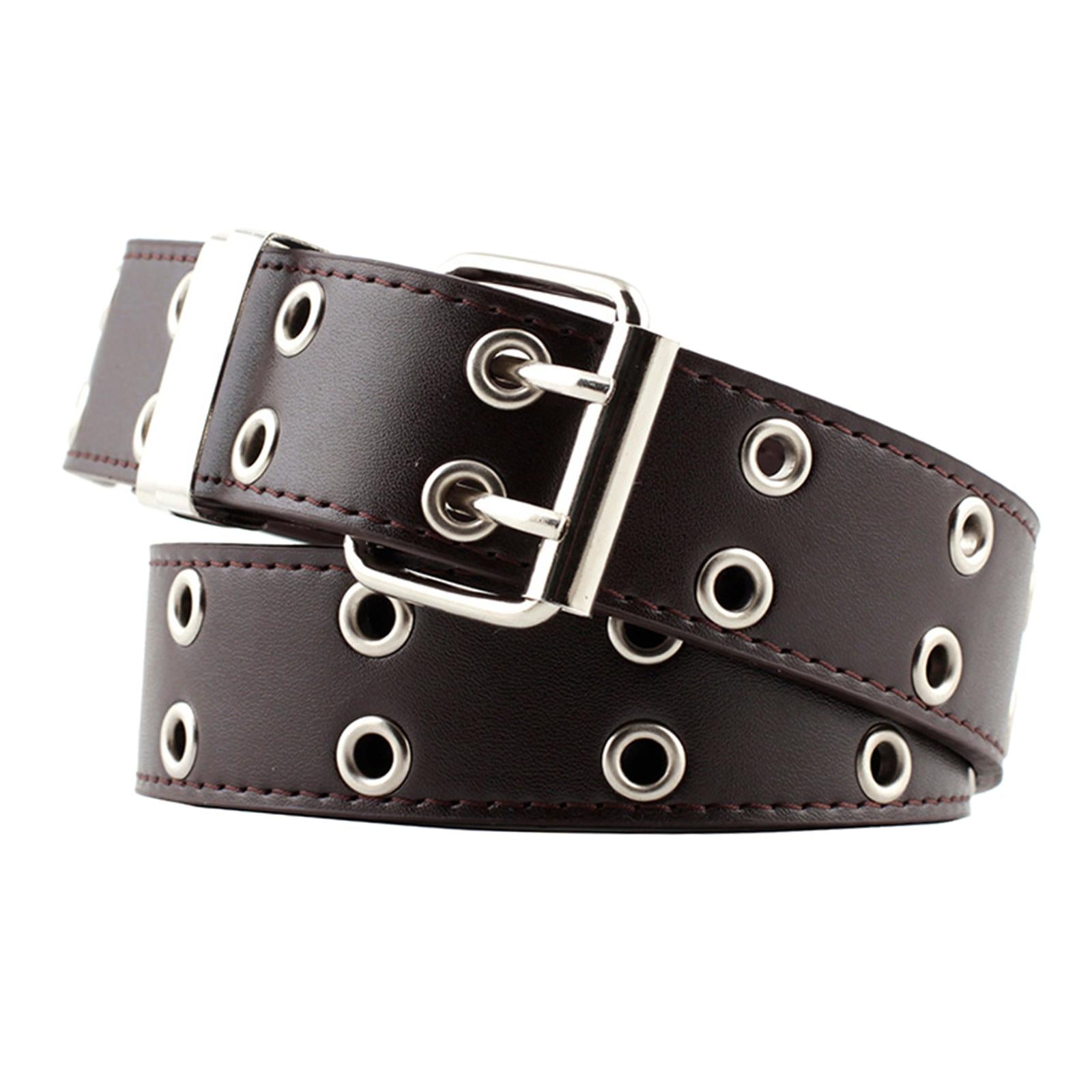 Women Punk Belt Double Grommet Leather Jeans Waist Strap Coffee