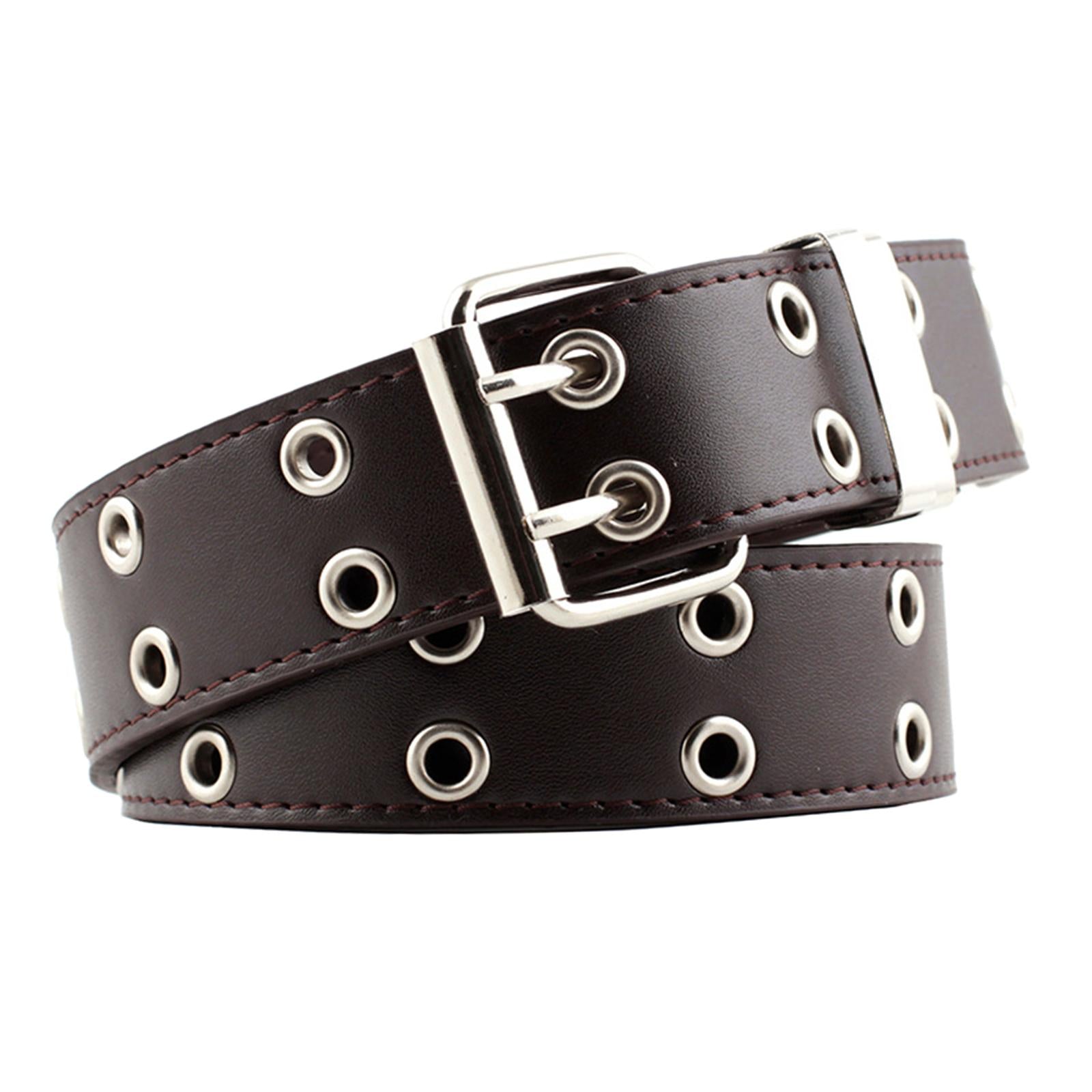 Women Punk Belt Double Grommet Leather Jeans Waist Strap Coffee