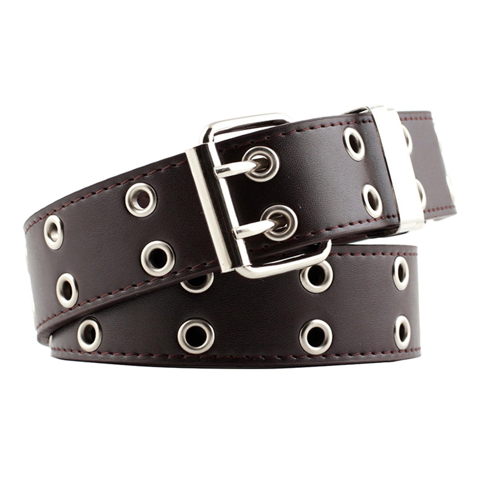 Women Punk Belt Double Grommet Leather Jeans Waist Strap Coffee