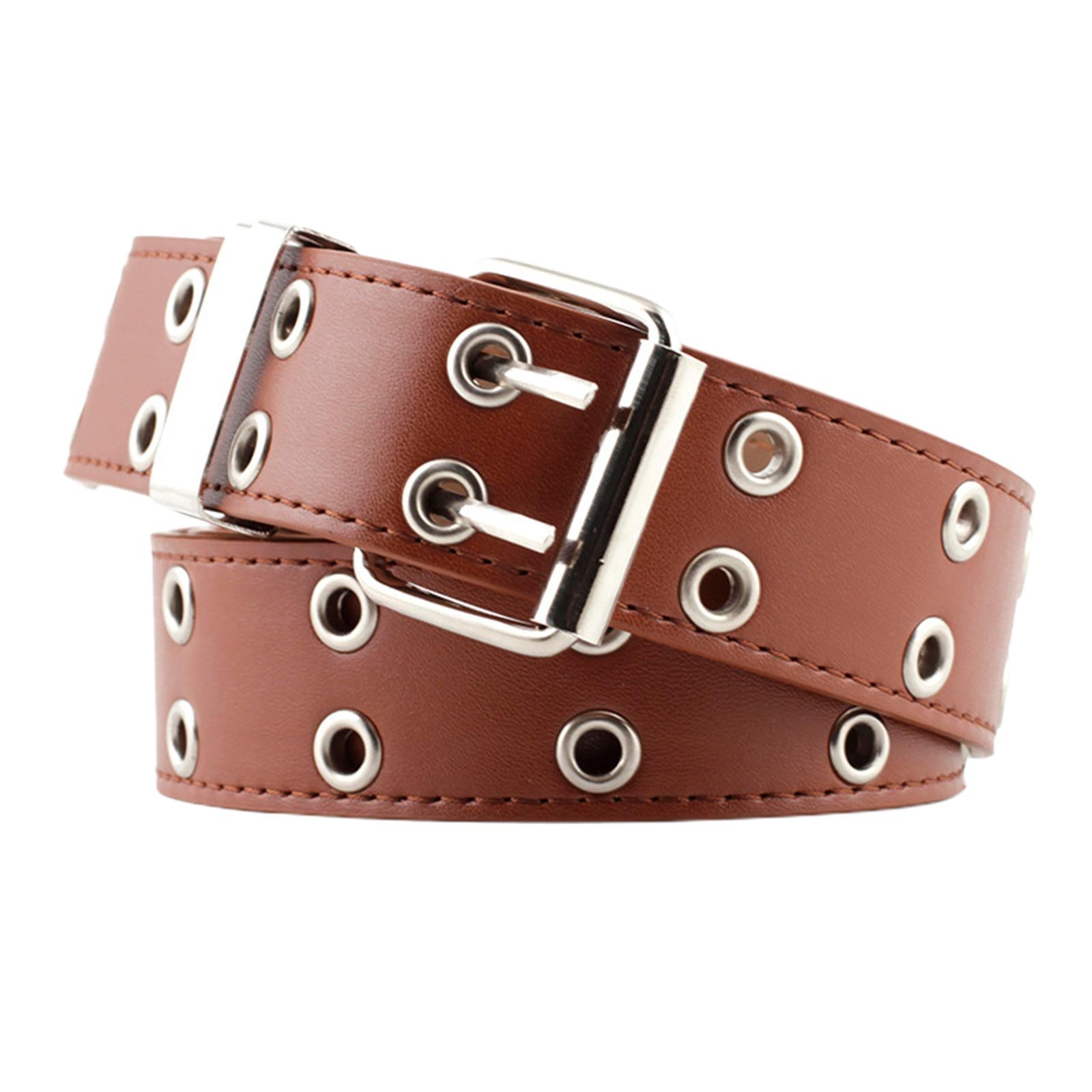 Women Punk Belt Double Grommet Leather Jeans Waist Strap Brown