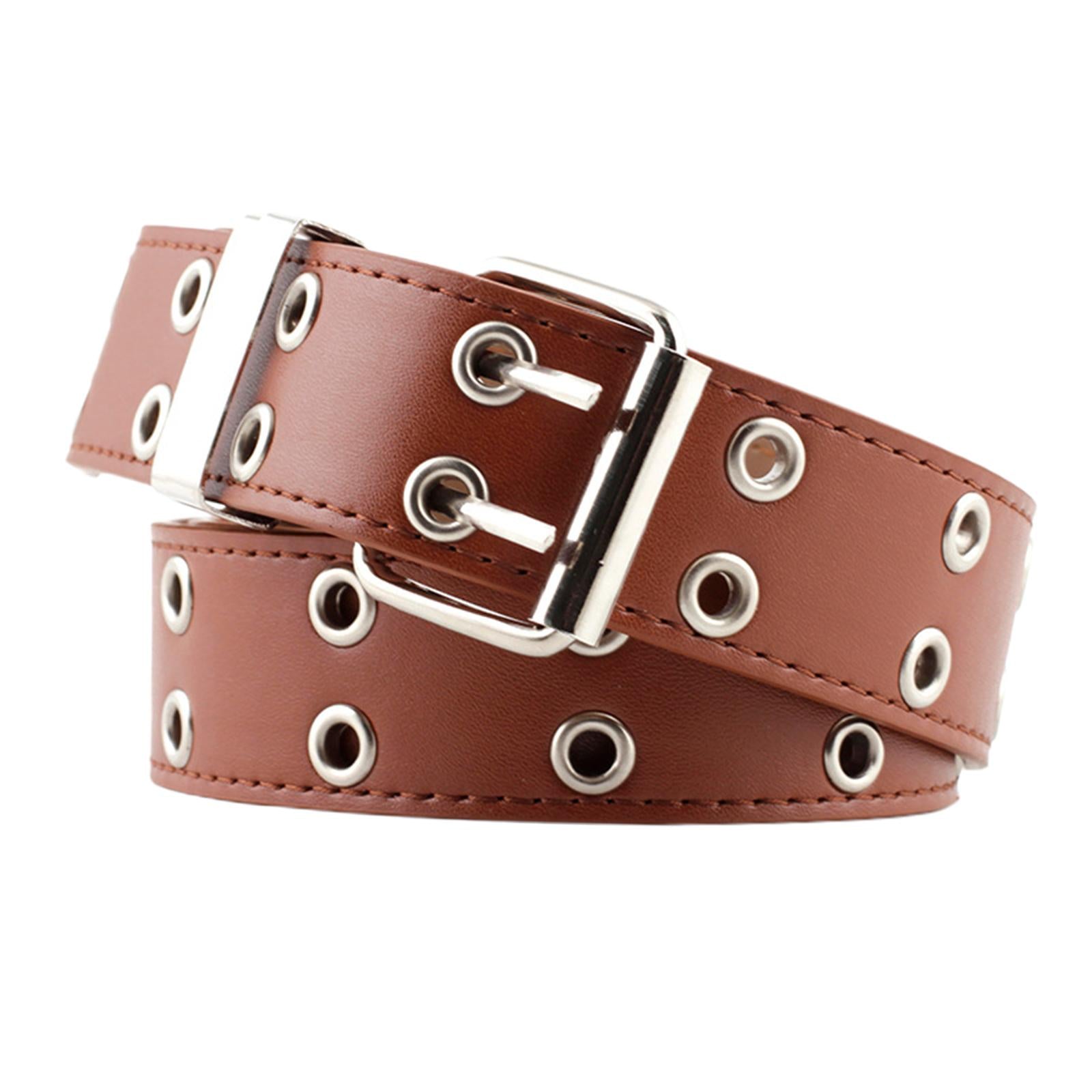 Women Punk Belt Double Grommet Leather Jeans Waist Strap Brown