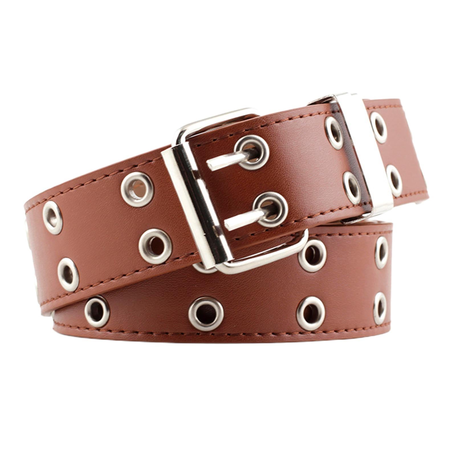 Women Punk Belt Double Grommet Leather Jeans Waist Strap Brown