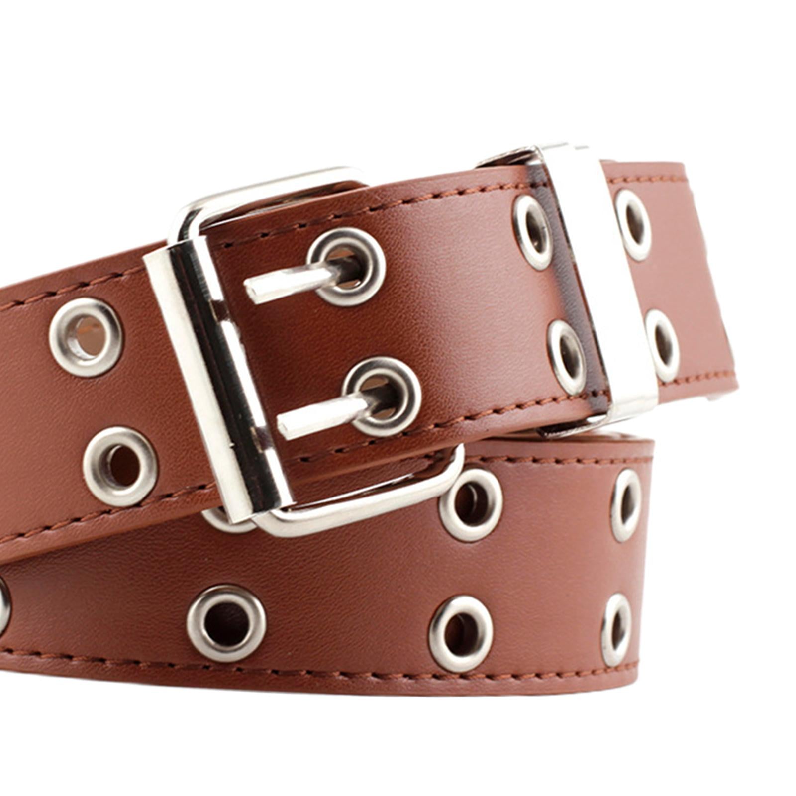Women Punk Belt Double Grommet Leather Jeans Waist Strap Brown