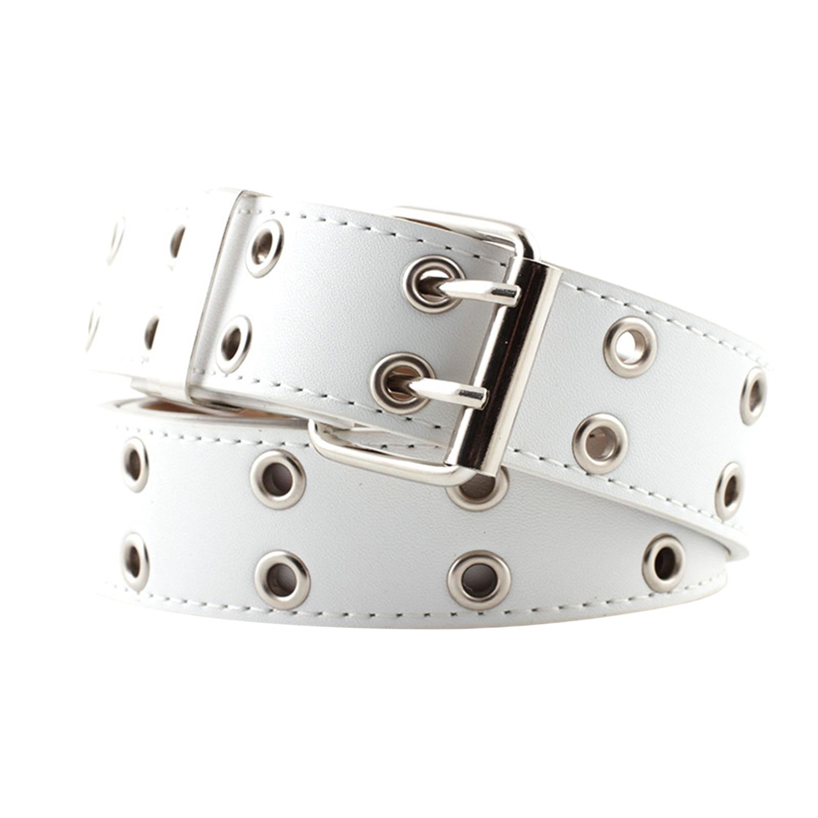 Women Punk Belt Double Grommet Leather Jeans Waist Strap White