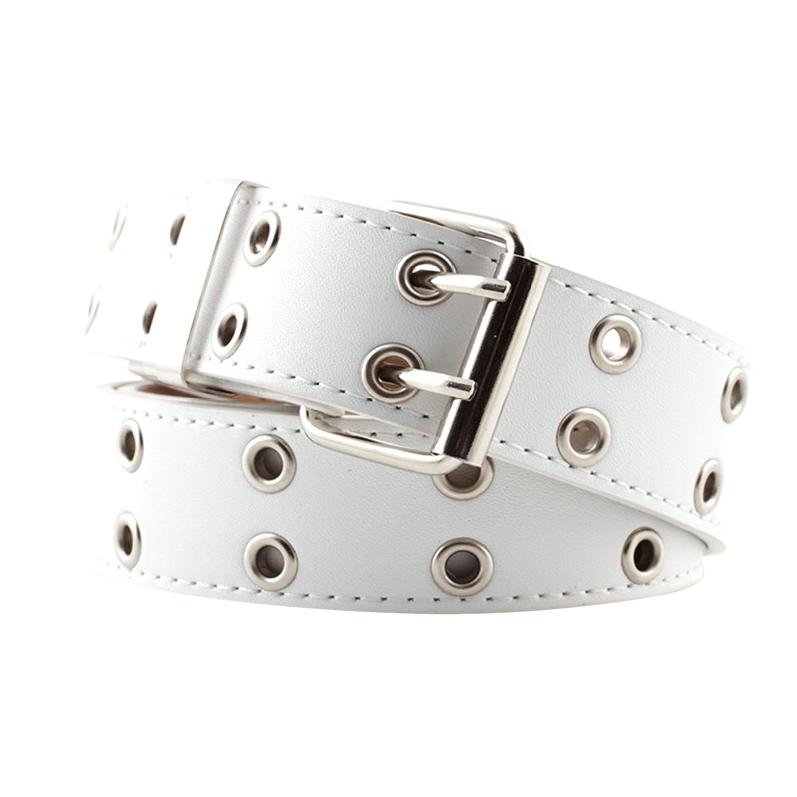 Women Punk Belt Double Grommet Leather Jeans Waist Strap White
