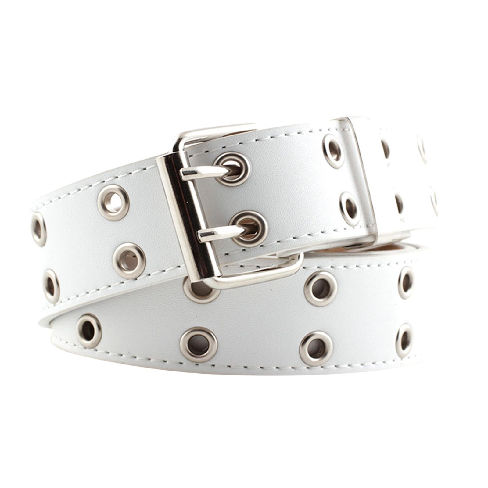 Women Punk Belt Double Grommet Leather Jeans Waist Strap White