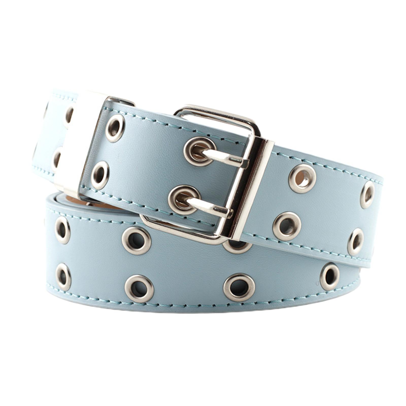 Women Punk Belt Double Grommet Leather Jeans Waist Strap Blue