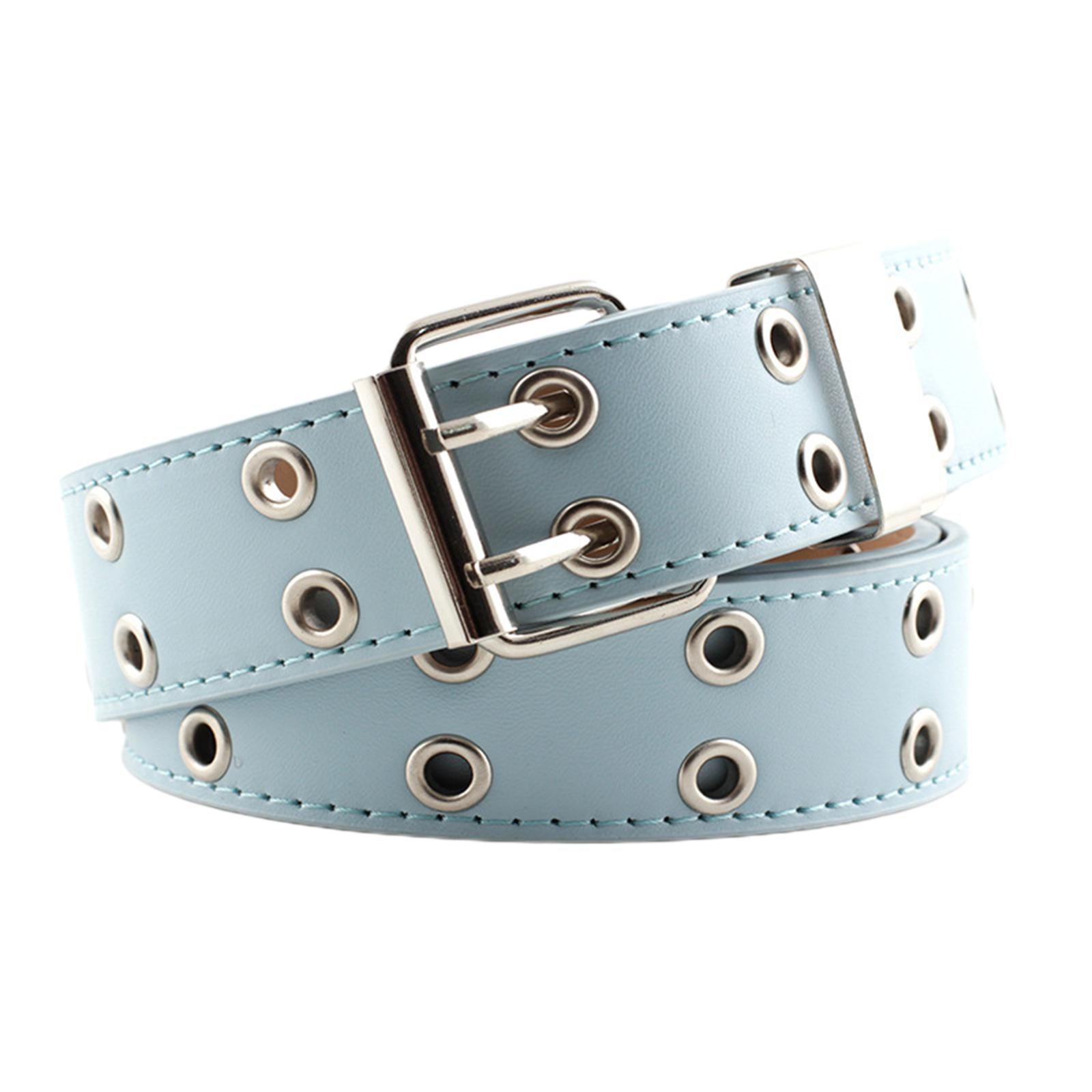 Women Punk Belt Double Grommet Leather Jeans Waist Strap Blue
