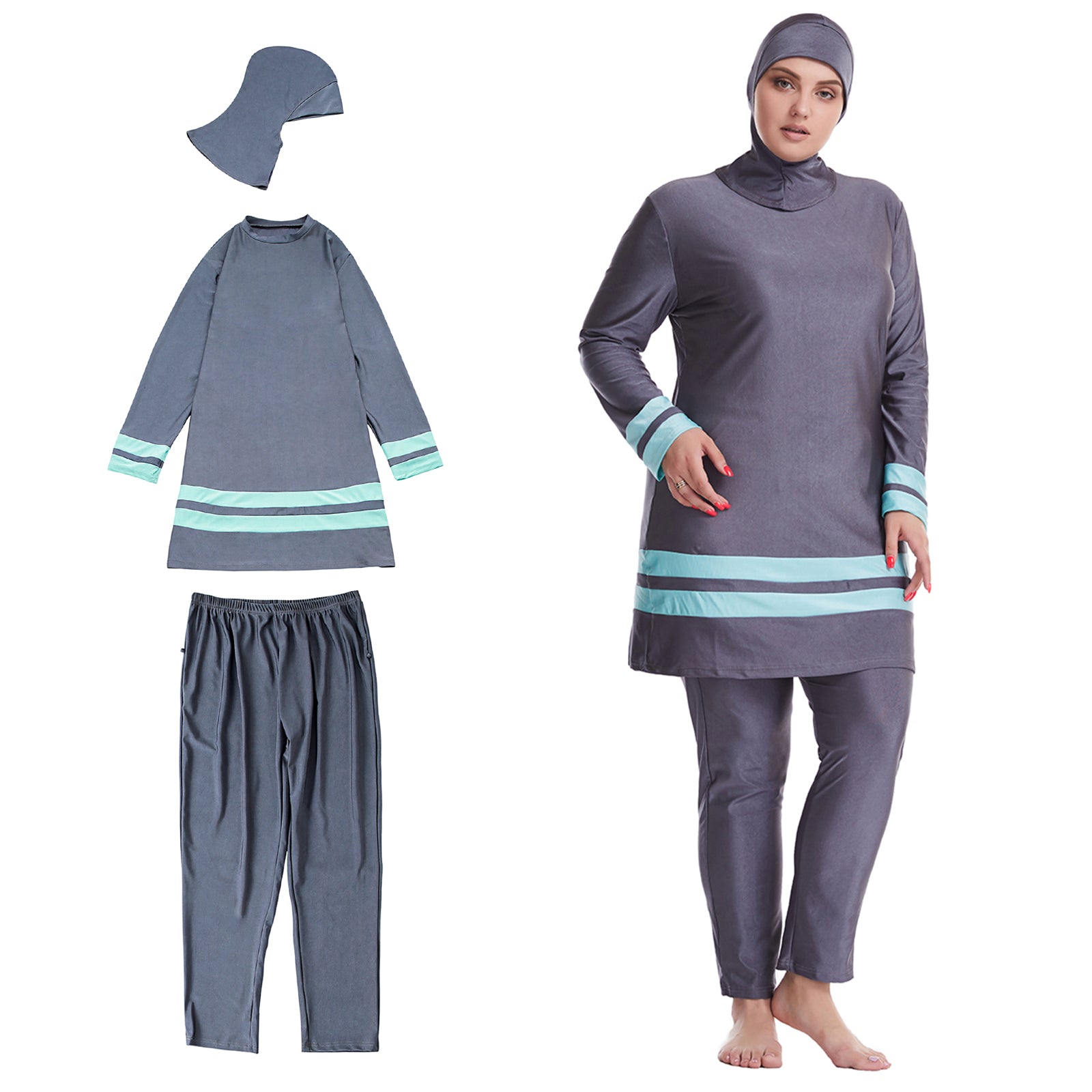 Islamic Modest Swimsuit Beach Muslim Arab Women Swimwear Plus Size Gray XL