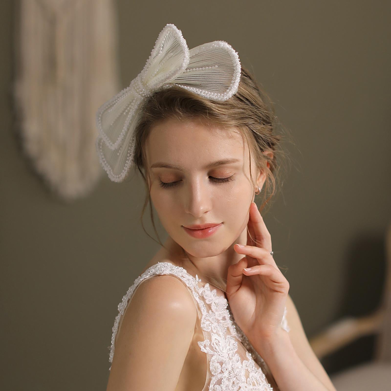 White Pearls Beads Lace Bows Hair Clip Elegant Large Hairpin Bridal Headwear