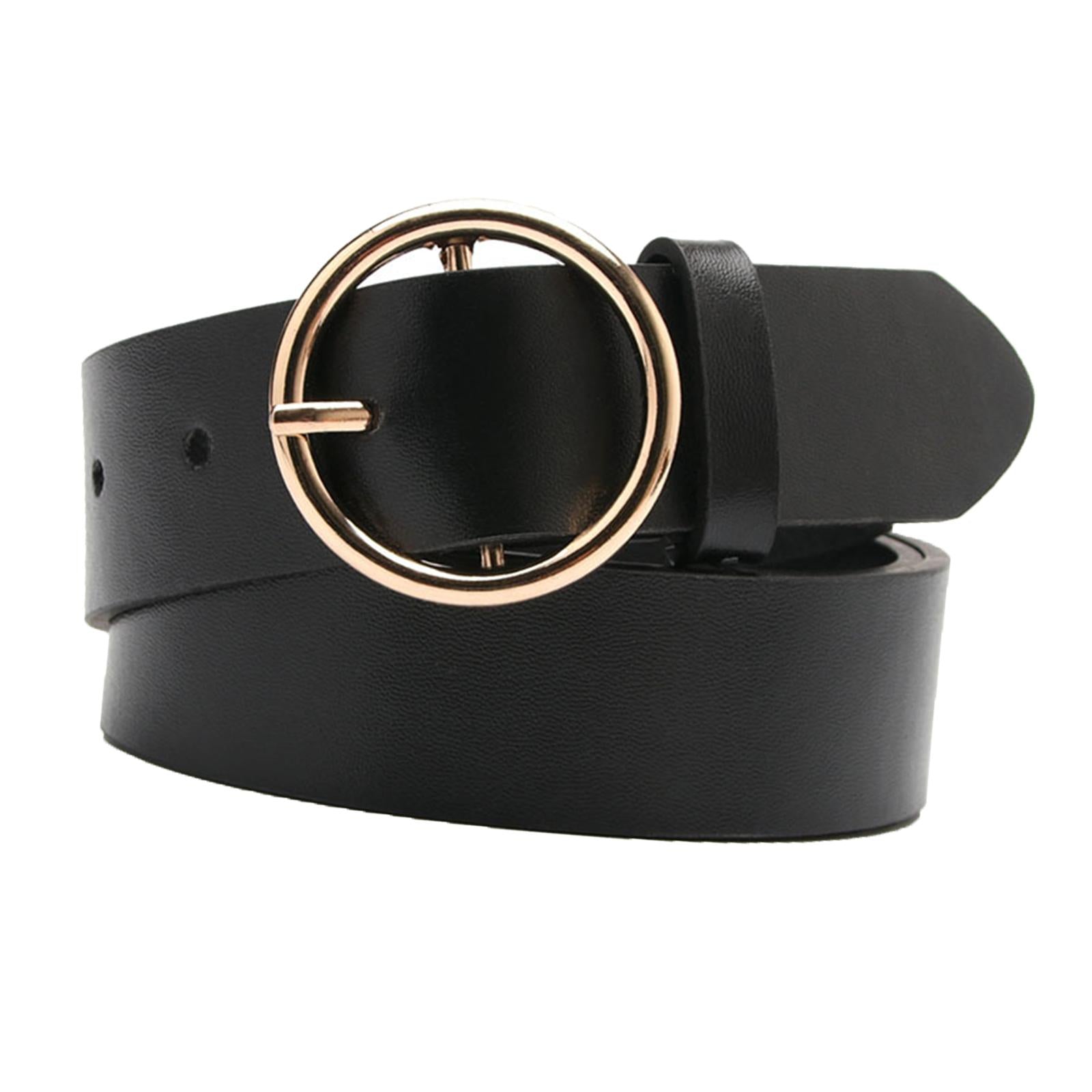Women Adjustable Waistband Round Buckle Waist Strap Lady Belt for Jeans Black