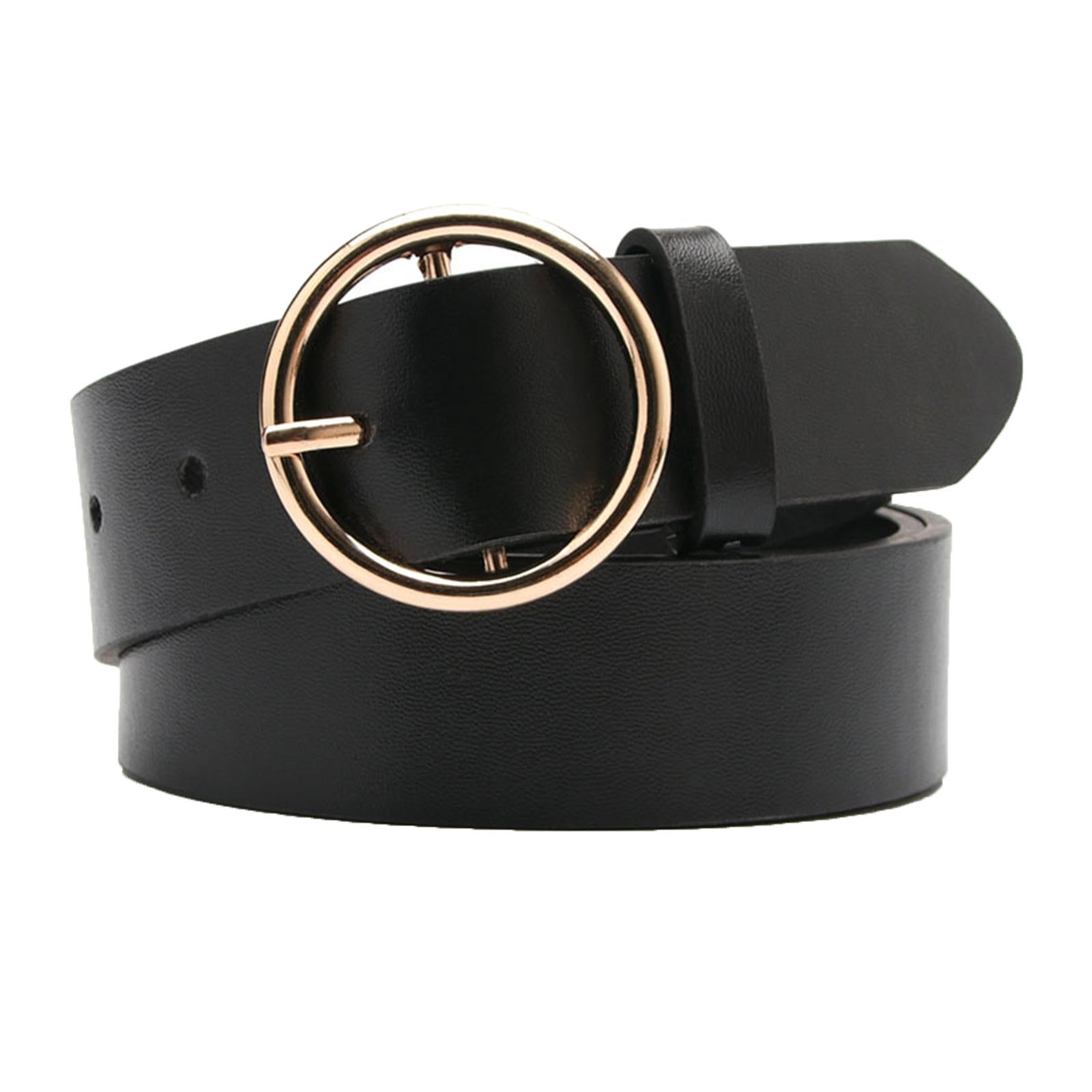 Women Adjustable Waistband Round Buckle Waist Strap Lady Belt for Jeans Black