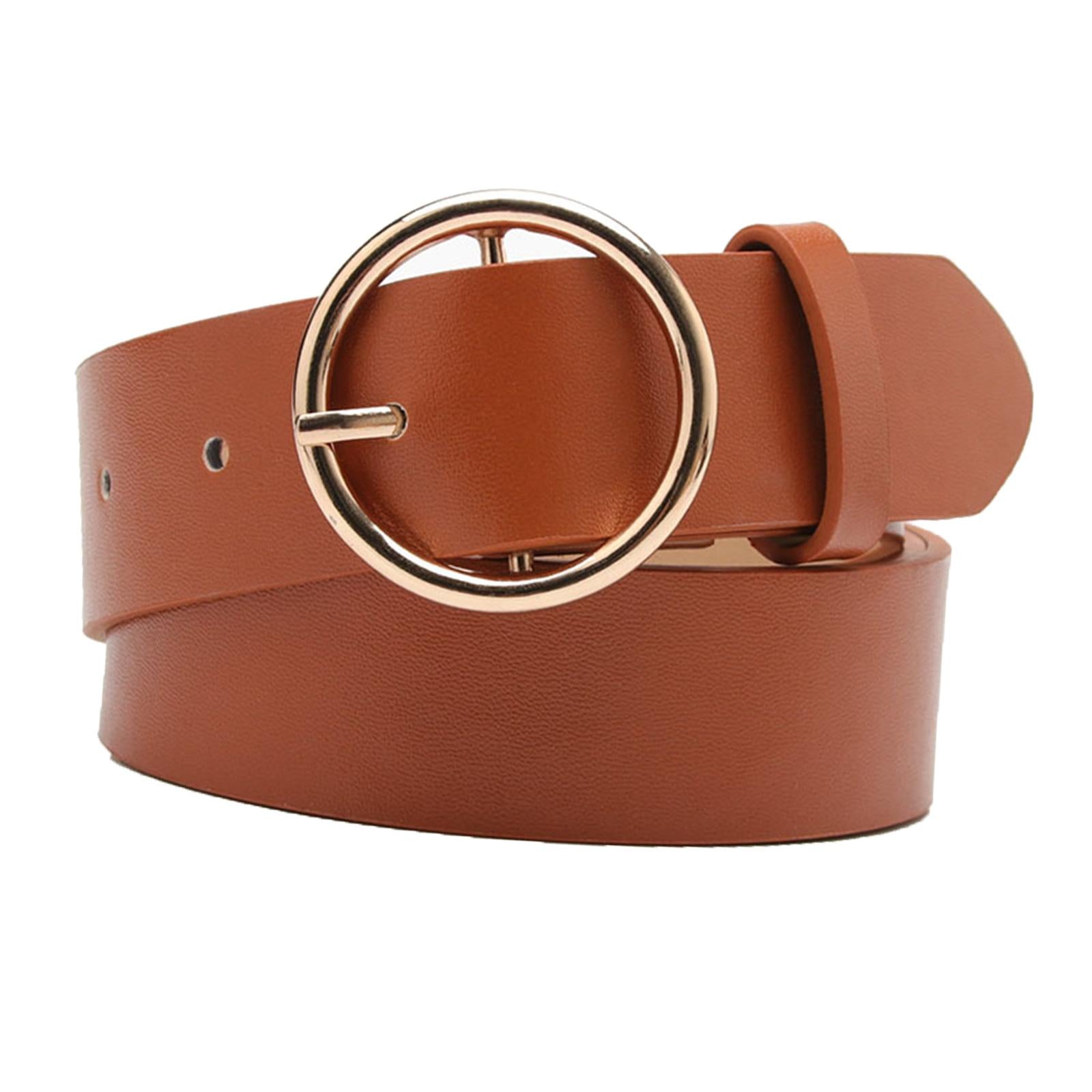 Women Adjustable Waistband Round Buckle Waist Strap Lady Belt for Jeans Camel