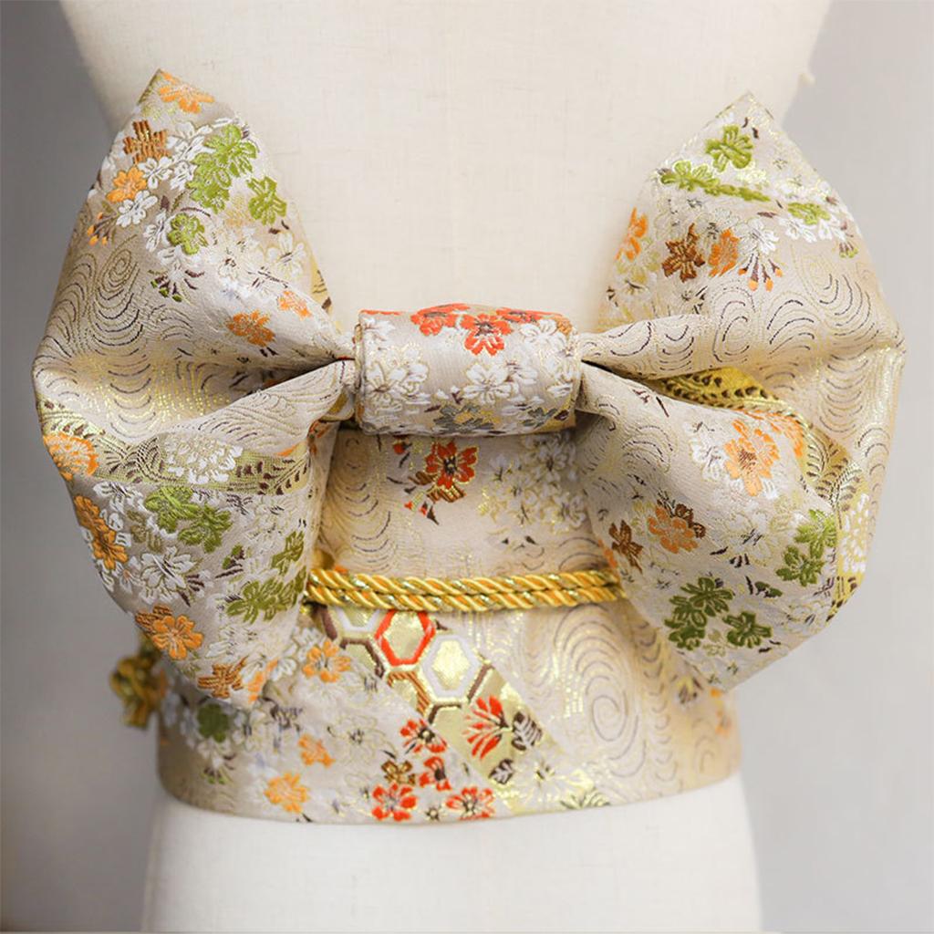 Women Japanese Belt Pre-Tied Bow Kimono Robe Obi Strap Gold Kids