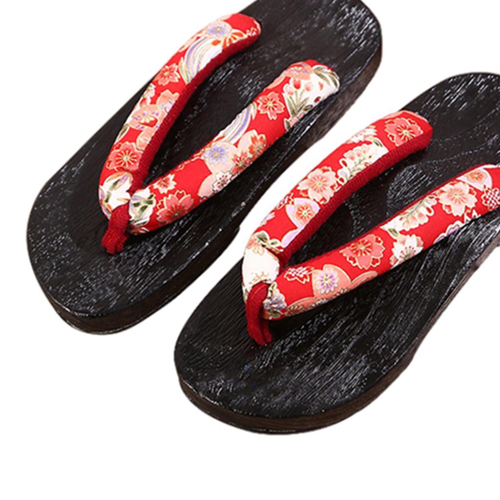 Japanese Clogs Slippers Geta Sandals Flip Flops for Men Women Red Round 38