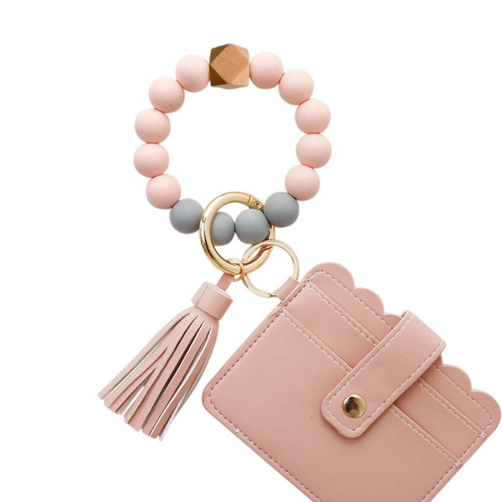 Womens Card Wallet Bracelet Key Ring Bangle Keychain Wristlet Peach Pollen