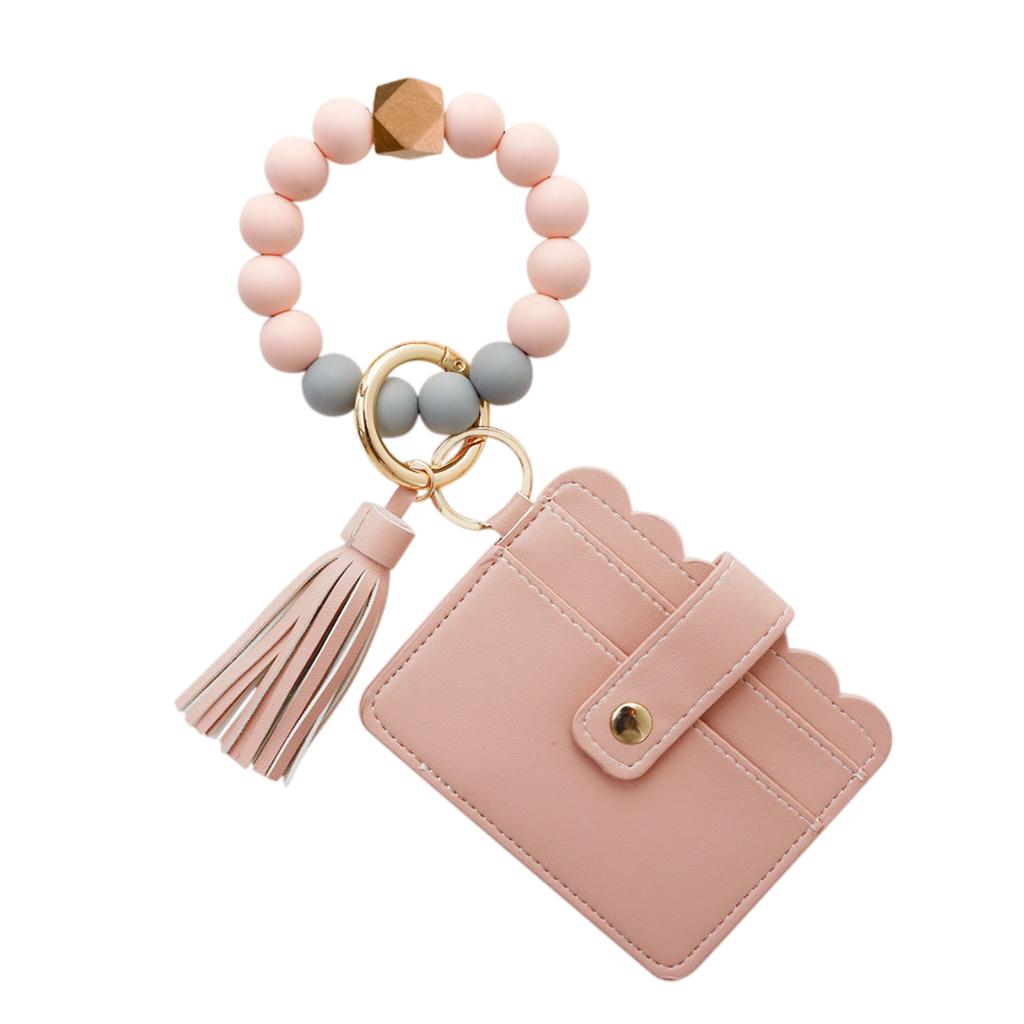 Womens Card Wallet Bracelet Key Ring Bangle Keychain Wristlet Peach Pollen
