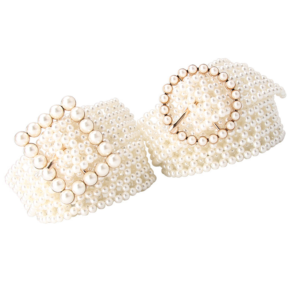 Pearl Beaded Metal Waist Chain for Women Dress Waist Belts Round Buckle